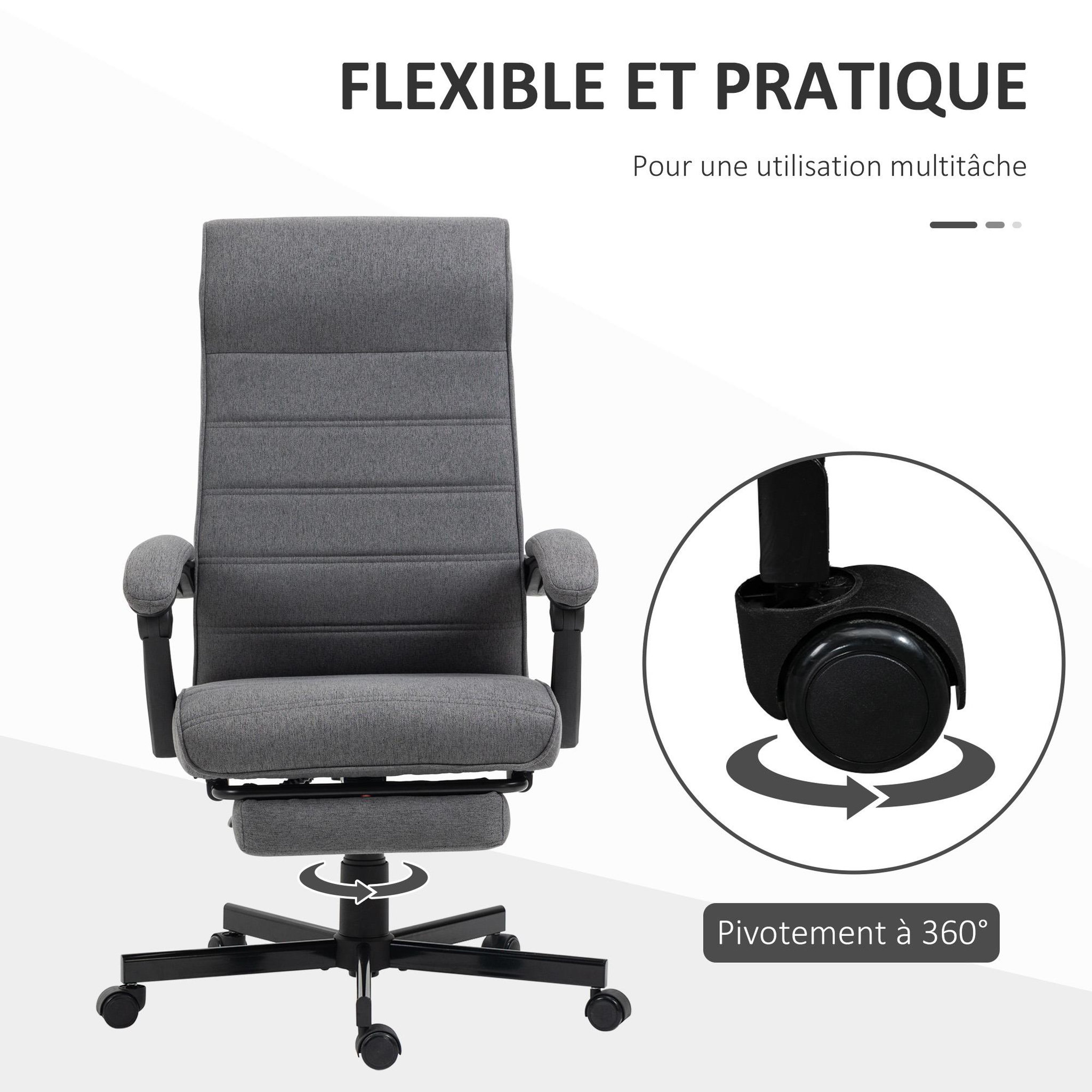 Voir la diapositive 6 : VINSETTO Chaise de bureau manager ergonomique inclinable réglable repose-pied rétractable tissu gris