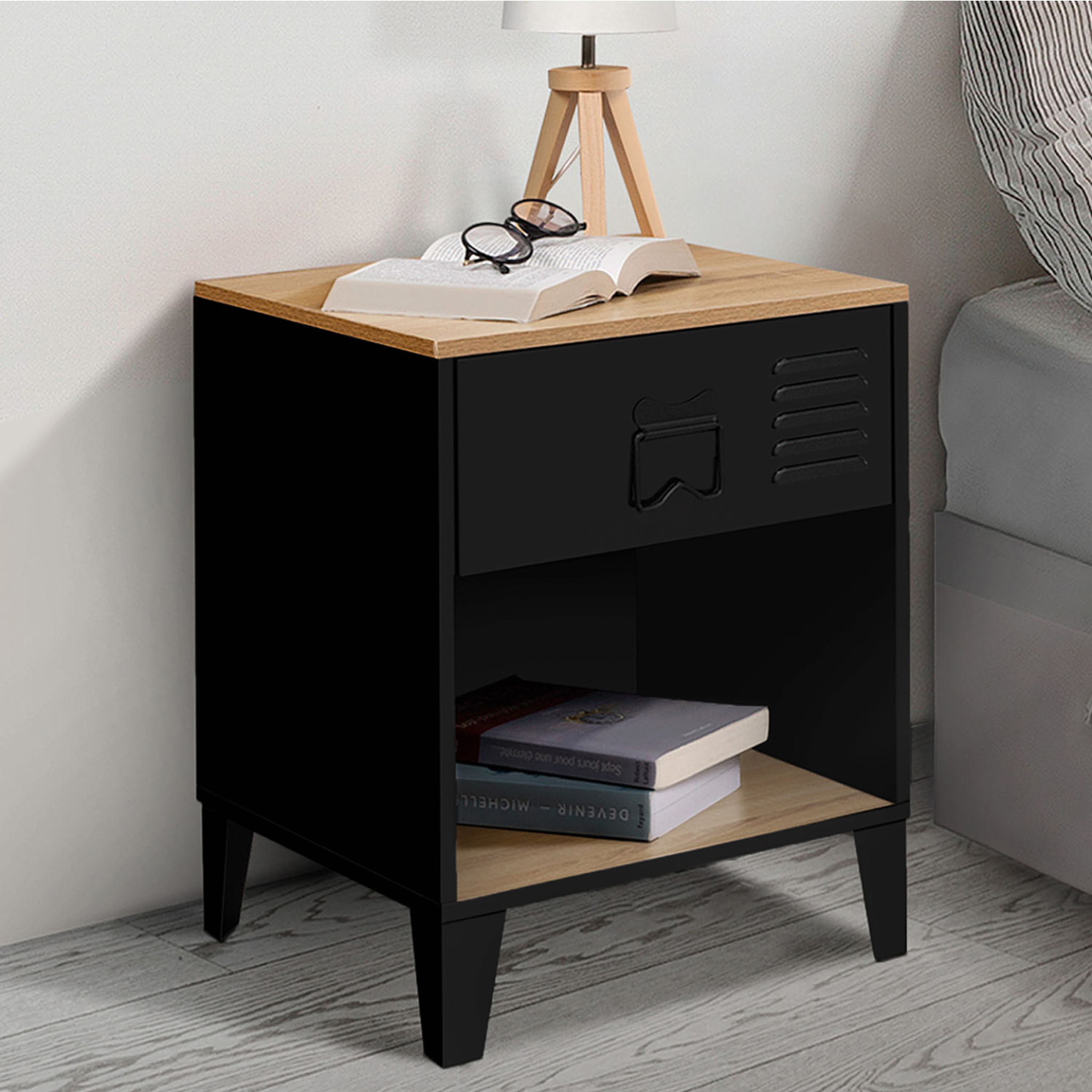 ID MARKET Lot de 2 tables de chevet ester 1 tiroir métal noir avec niche et plateau façon hêtre design industriel