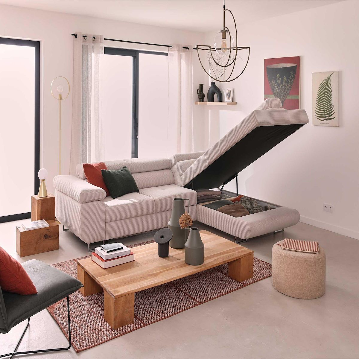 BEST MOBILIER Zaria - canapé d'angle droit - convertible avec coffre et têtières réglables - 5 places - en velours côtelé