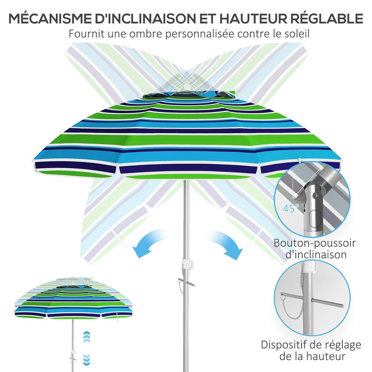 OUTSUNNY Parasol inclinable réglable de plage protection UV40+ Ø178 cm sac transport inclus