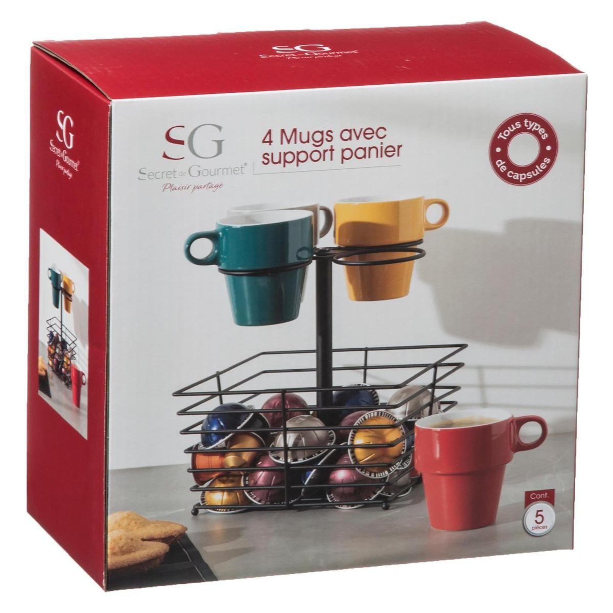 Voir la diapositive 5 : SECRET DE GOURMET Lot de 4 mugs & panier à capsules  mino  26cl noir