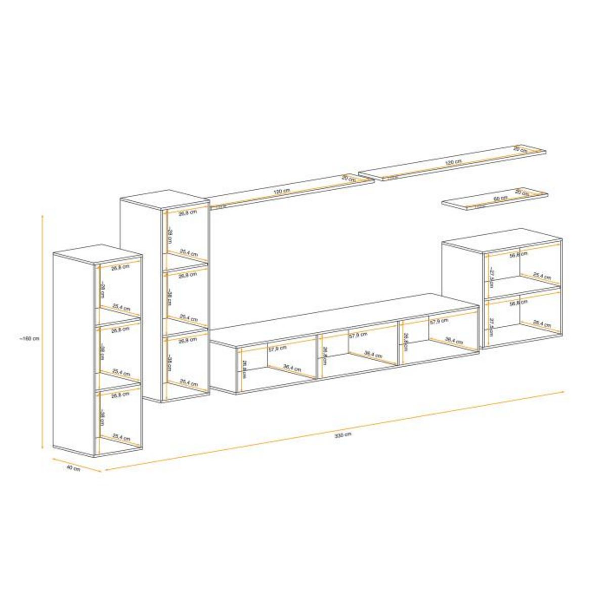 Paris Prix Meuble TV Mural Design  Switch I  330cm Naturel & Noir