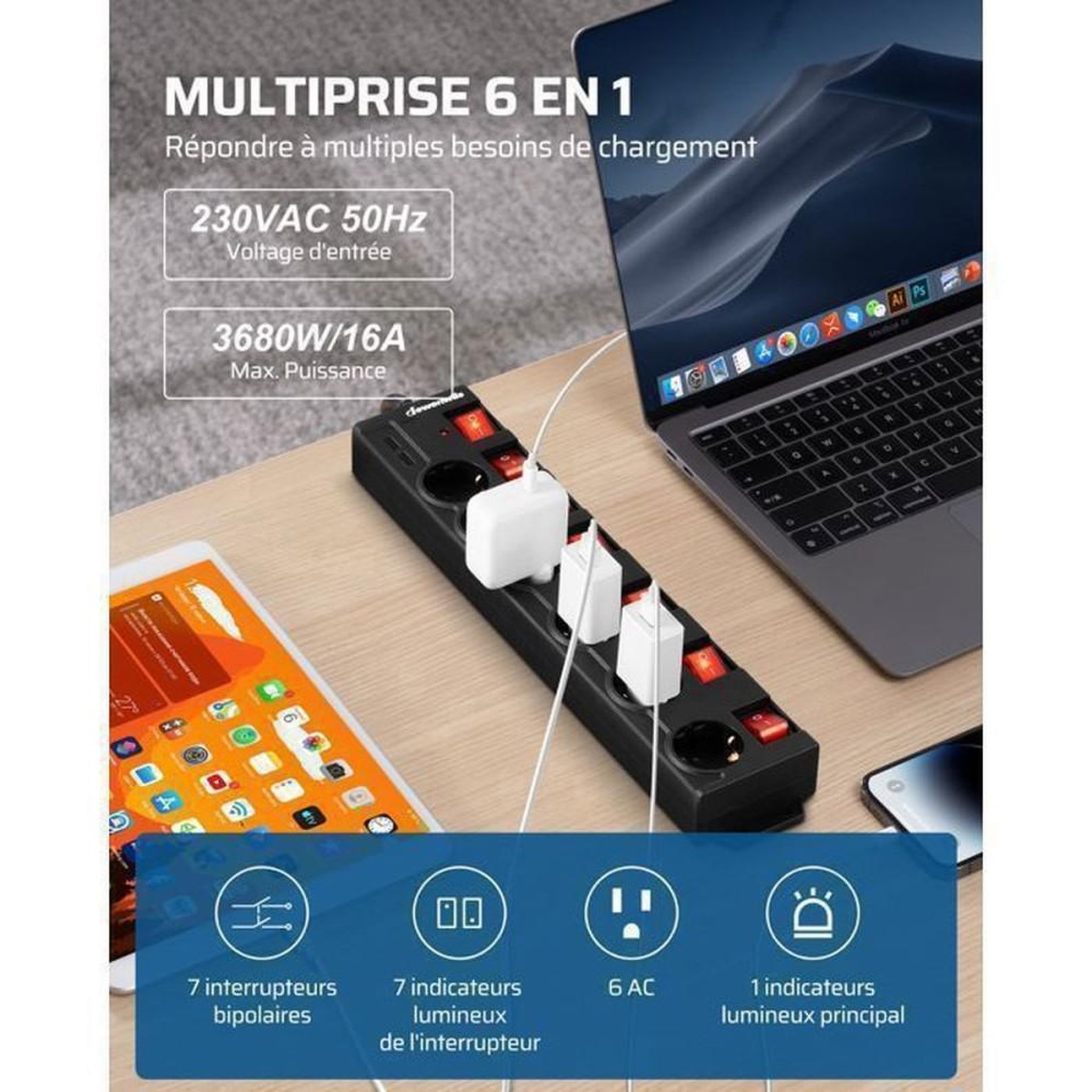 Voir la diapositive 4 : Multiprise électrique 6 prises 16 A 3680 W avec parafoudre, 5 m de câble, interrupteurs bipolaires individuels à voyants LED, montage mural ou sur bureau, noire