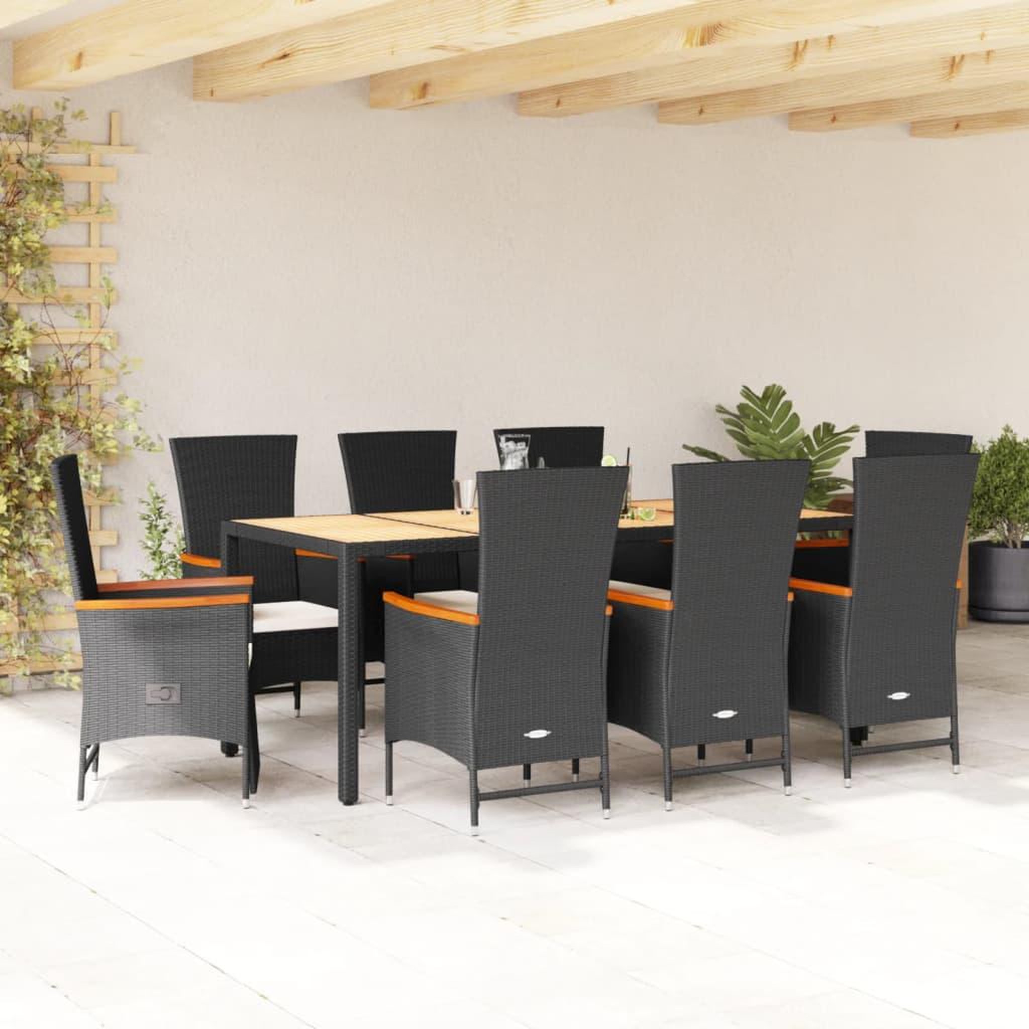 VIDAXL Ensemble a manger de jardin 9pcs coussins noir resine tressee