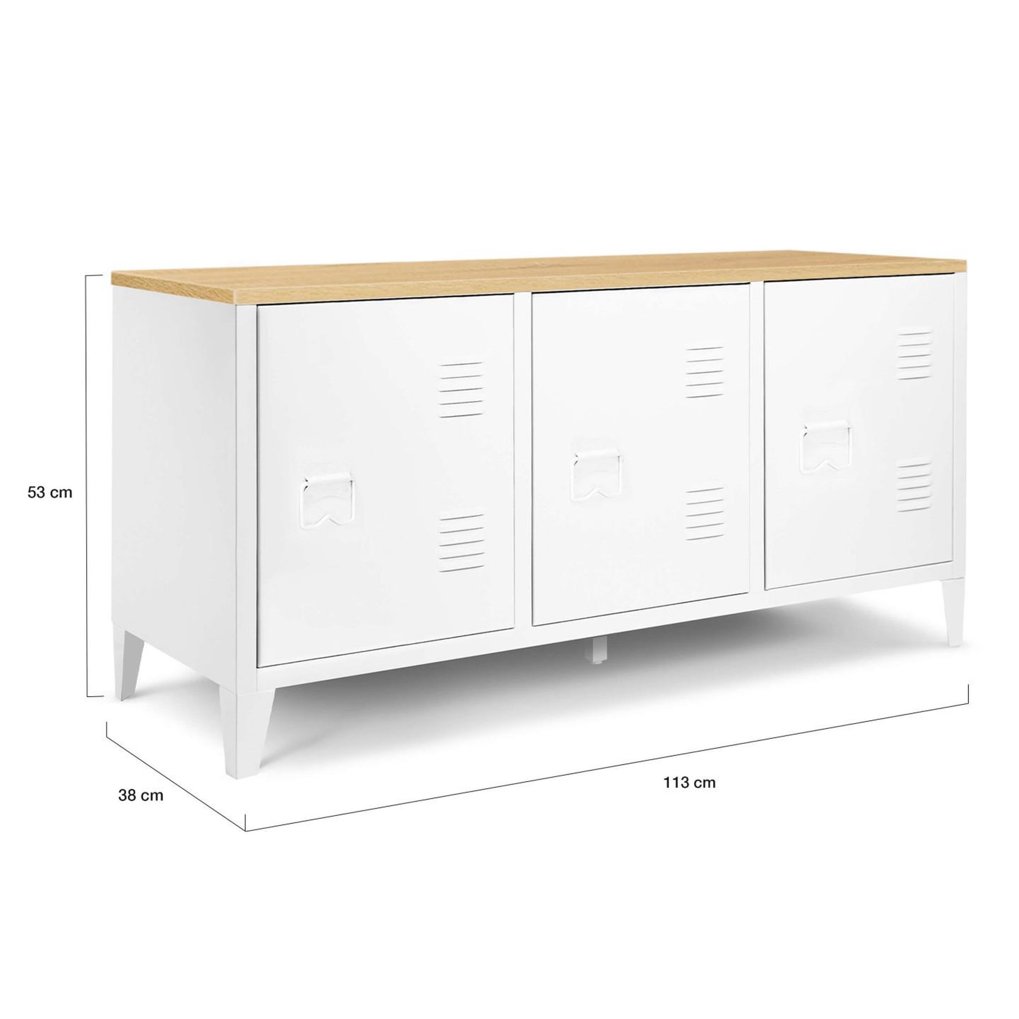 Voir la diapositive 5 : ID MARKET Buffet bas 113 cm ester 3 portes métal blanc plateau bois design industriel