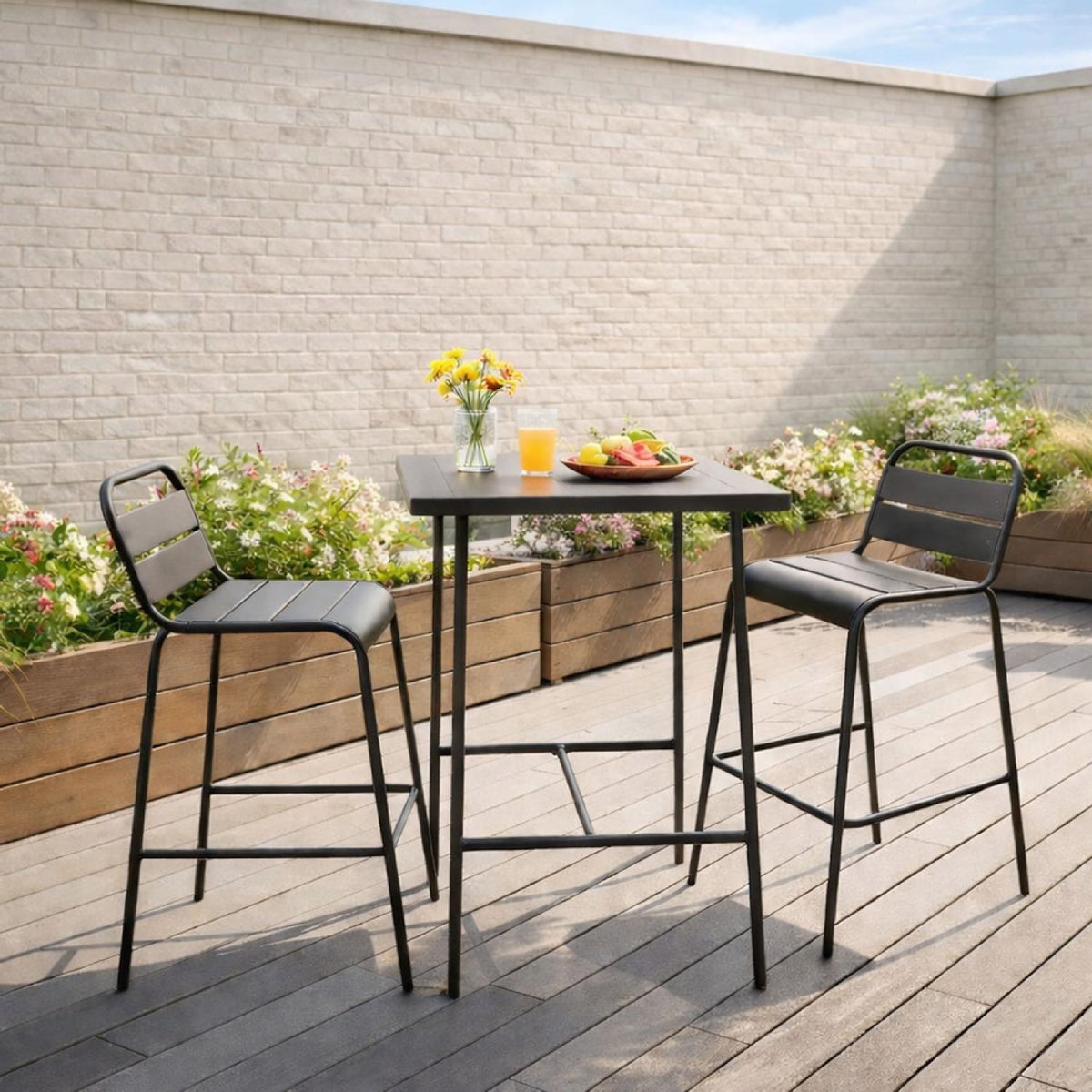 CONCEPT USINE Ensemble table de bar et 2 chaises hautes d'extérieur gris foncé BERGAME