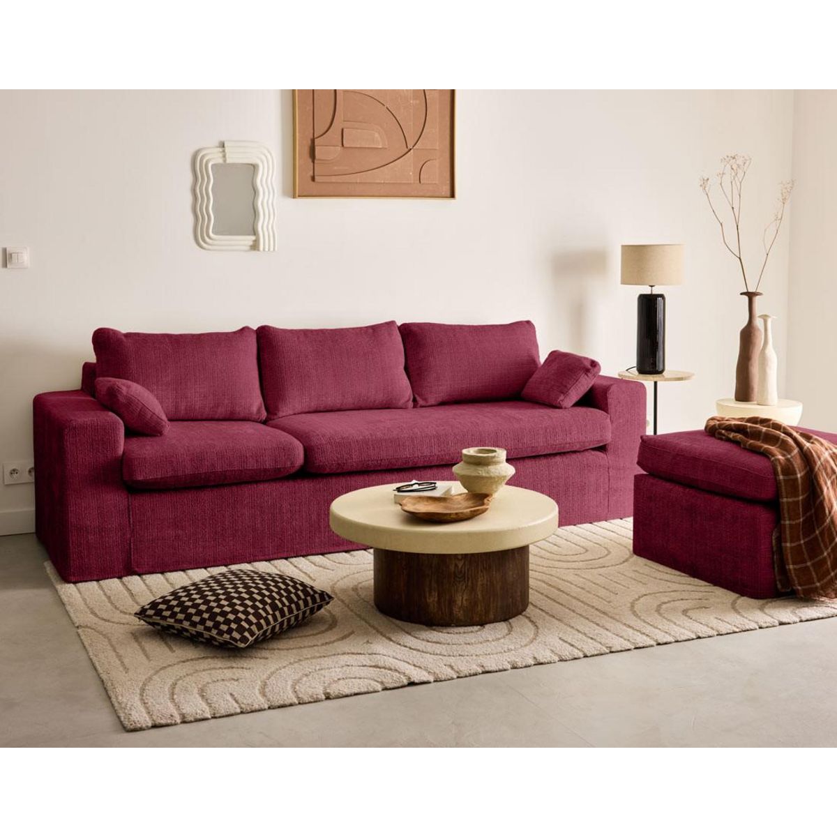 LISA DESIGN Calgary - canapé d'angle déhoussable et modulable 3 places + 1 pouf en velours texturé