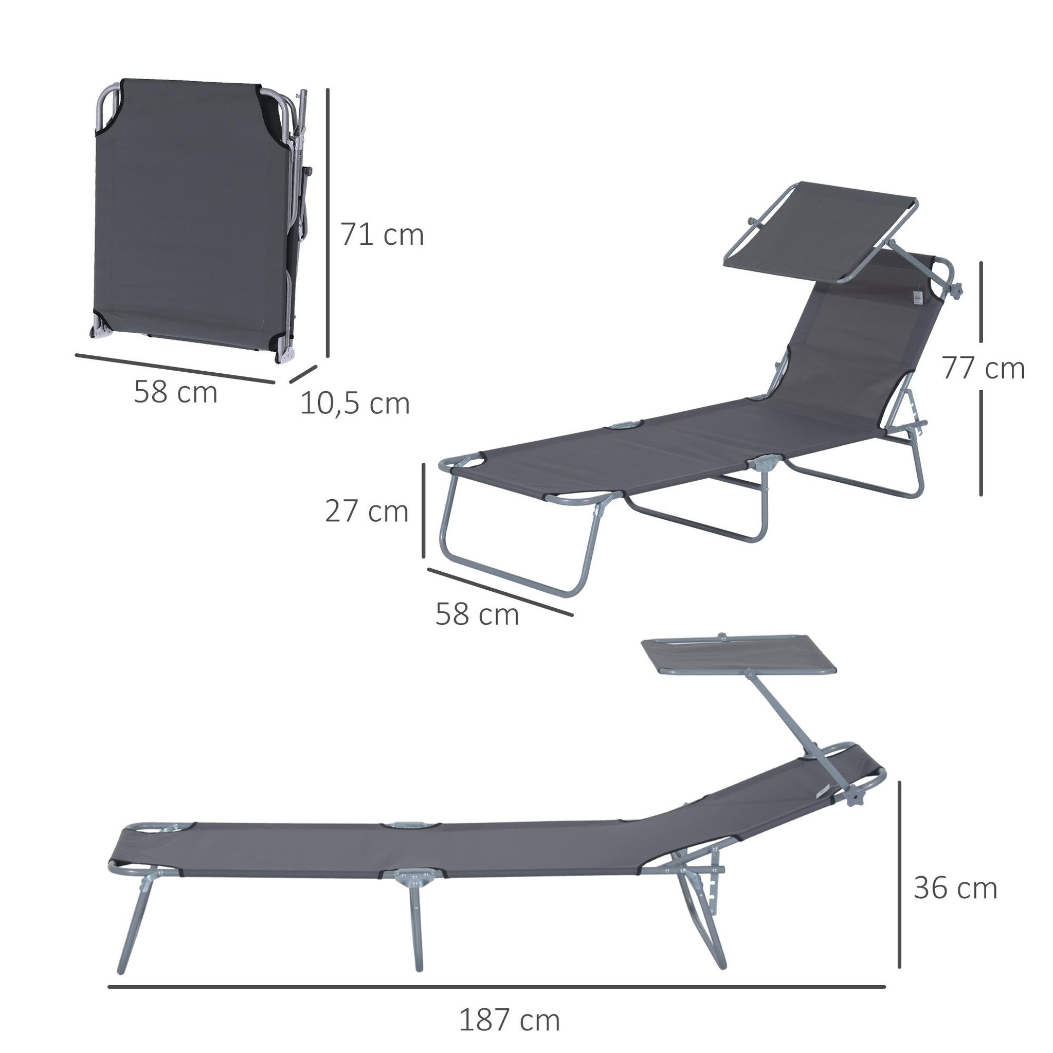 Voir la diapositive 3 : OUTSUNNY Transat bain de soleil pliable grand confort dossier et pare-soleil réglable multi-positions gris