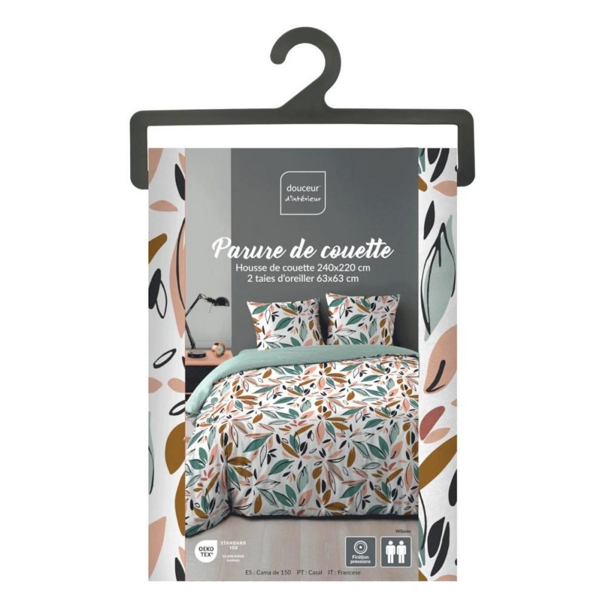 Douceur d'Intérieur Housse de couette 240x220 + 2 taies imprimées feuillages