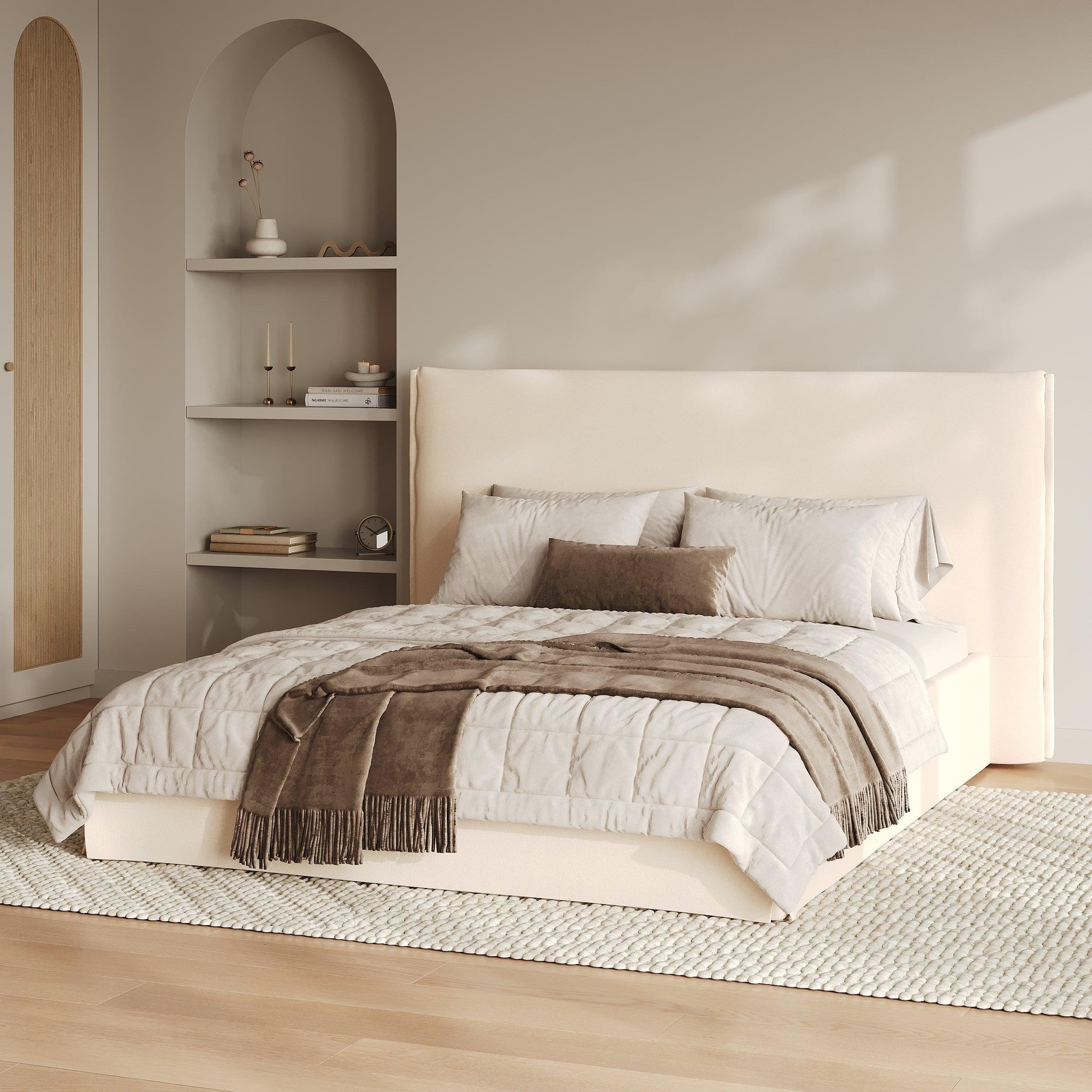 Voir la diapositive 2 : MAISON PAVANE Lit coffre 160x200 cm en tissu blanc déhoussable-safia