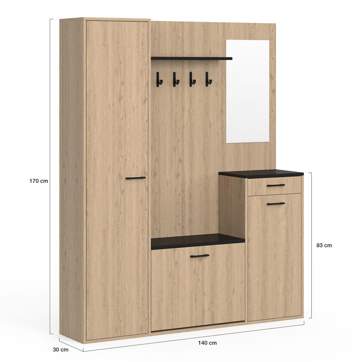 ID MARKET Vestiaire d'entrée rangement chaussures avec miroir et étagères MAHAUT XXL maxi capacité effet bois et noir