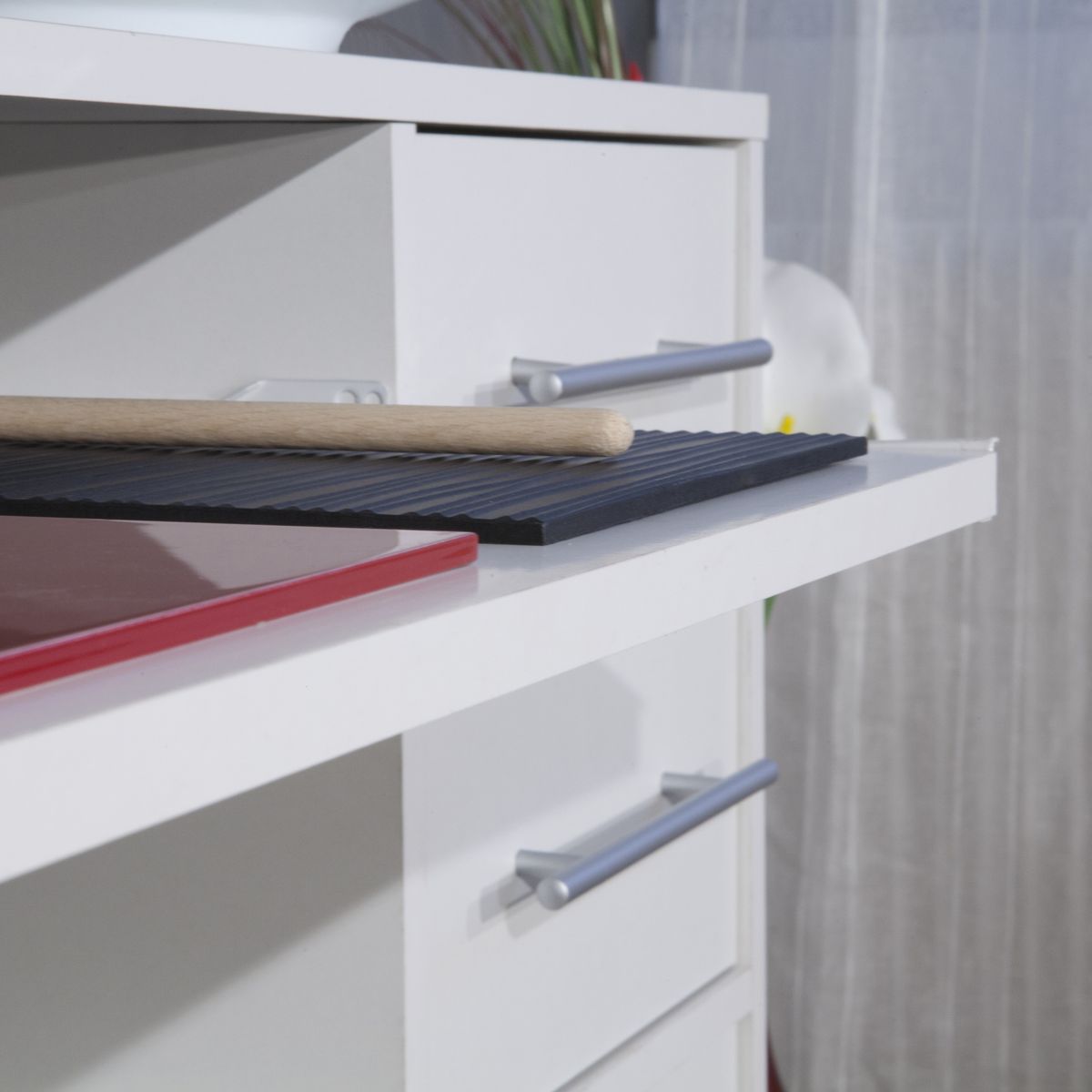 Desserte micro-ondes 3 portes 2 tiroir 1 tablette coulissante PRACTICA