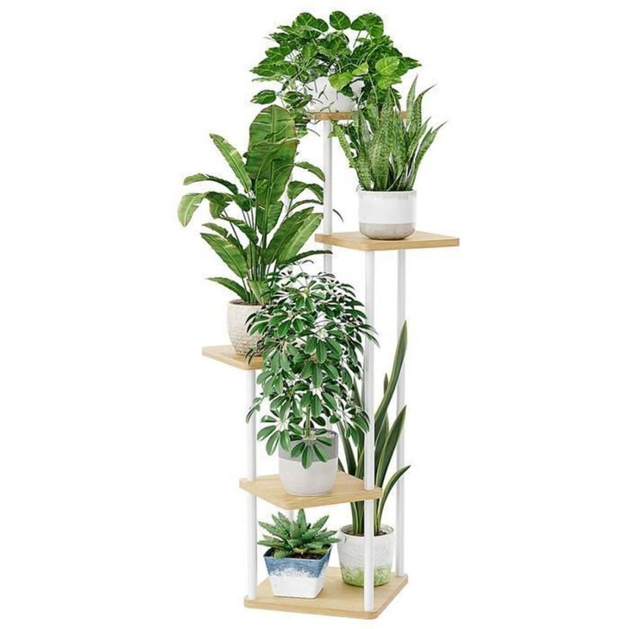 Présentoir à plantes 5 niveaux blanc en métal et bois, étagère d'intérieur pour jusqu'à 5 pots