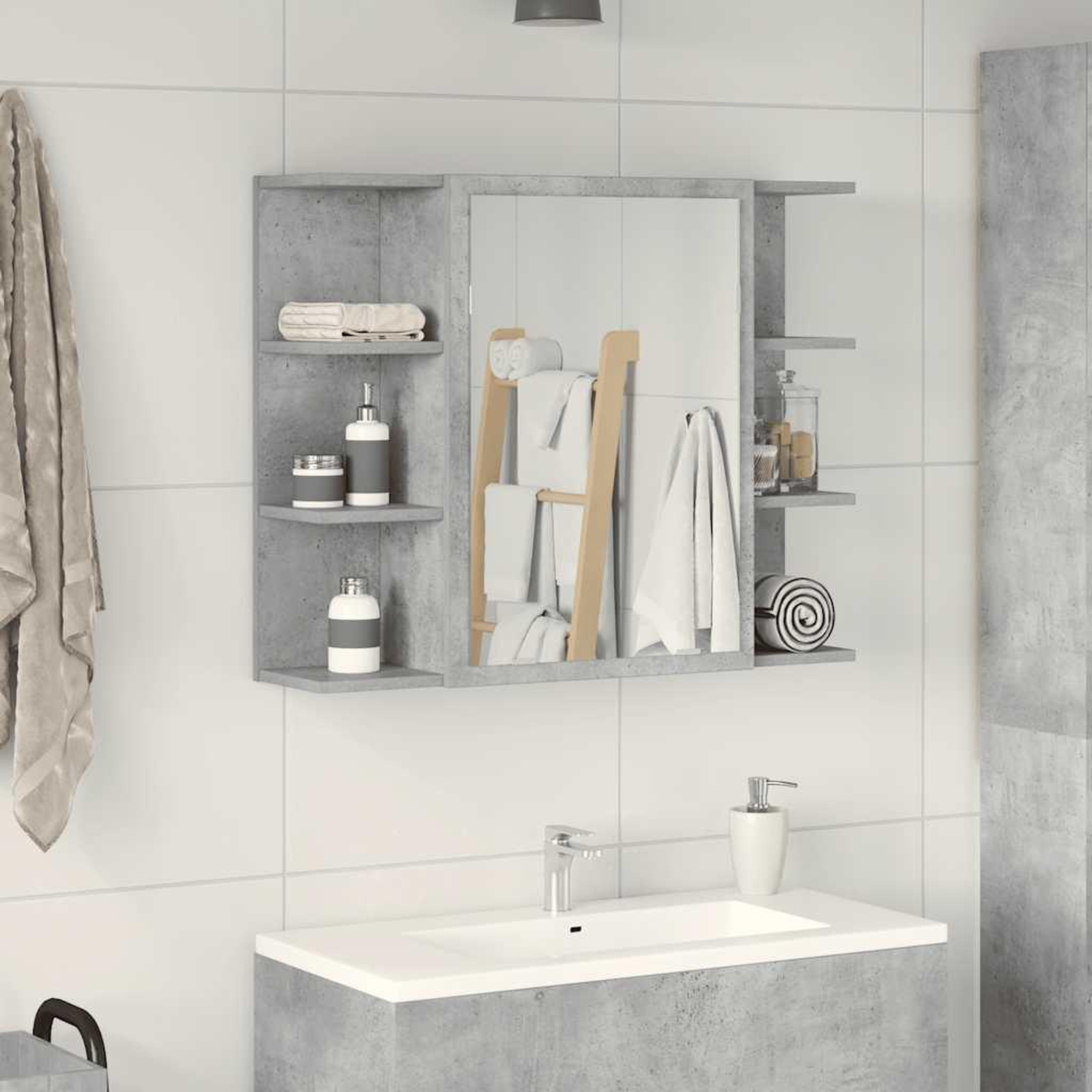 Voir la diapositive 3 : VIDAXL Armoire a miroir de bain Gris beton 80x20,5x64 cm Agglomere