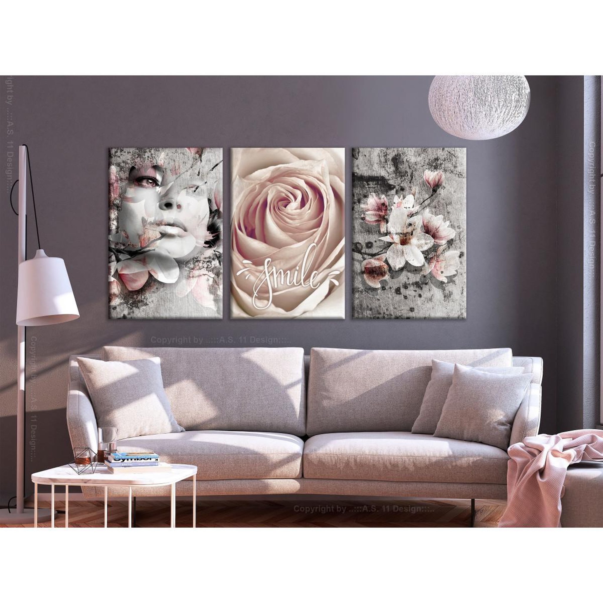 Voir la diapositive 2 : Paris Prix Tableau imprimé  floral smile 3 panneaux  60x120cm
