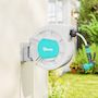 Voir la diapositive 2 : OUTSUNNY Dévidoir mural enrouleur automatique pivotant 180° tuyau 35 + 2 m avec lance arrosage 7 modes support mural intégré gris clair bleu