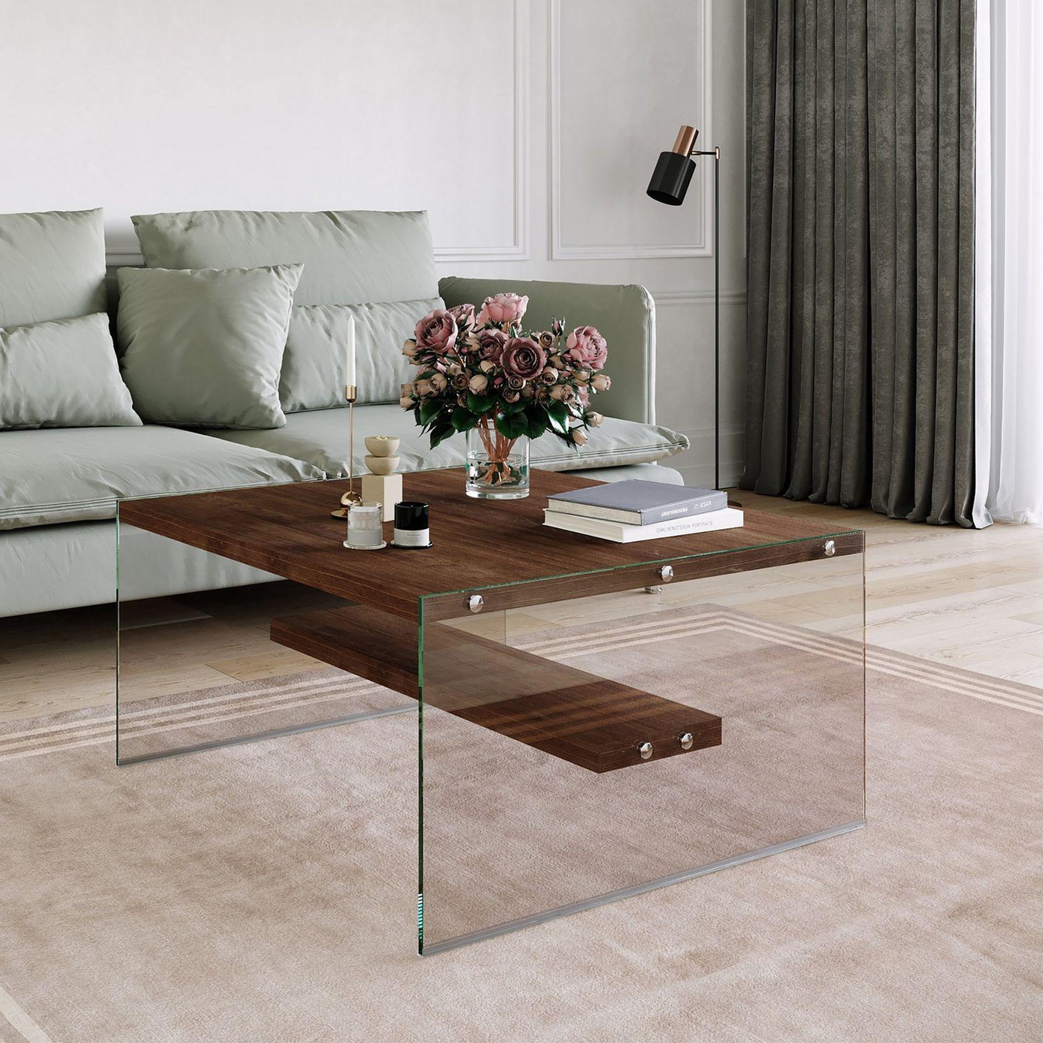 Voir la diapositive 5 : TOILINUX Table basse carrée 1 étagère en bois de pin et sa structure en verre - marron
