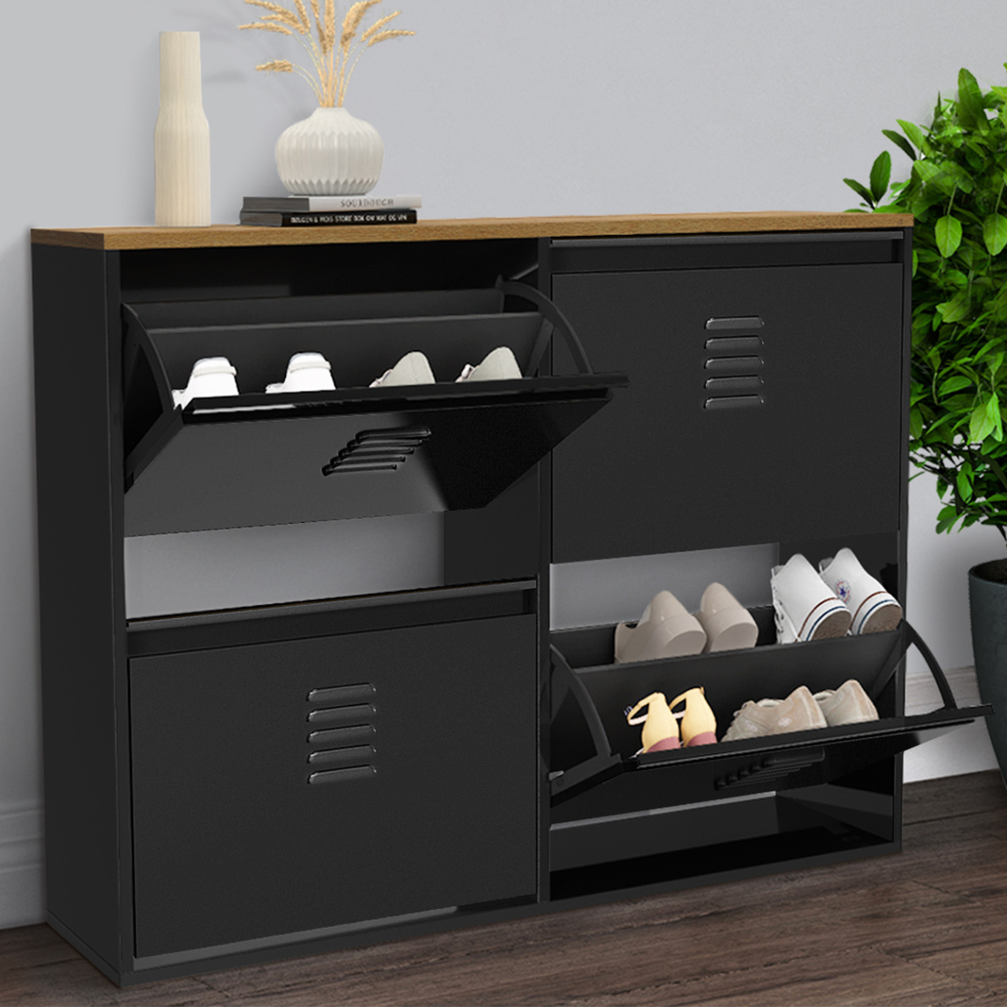 Voir la diapositive 2 : ID MARKET Meuble à chaussures 20 paires ester 4 portes métal noir et plateau façon hêtre design industriel