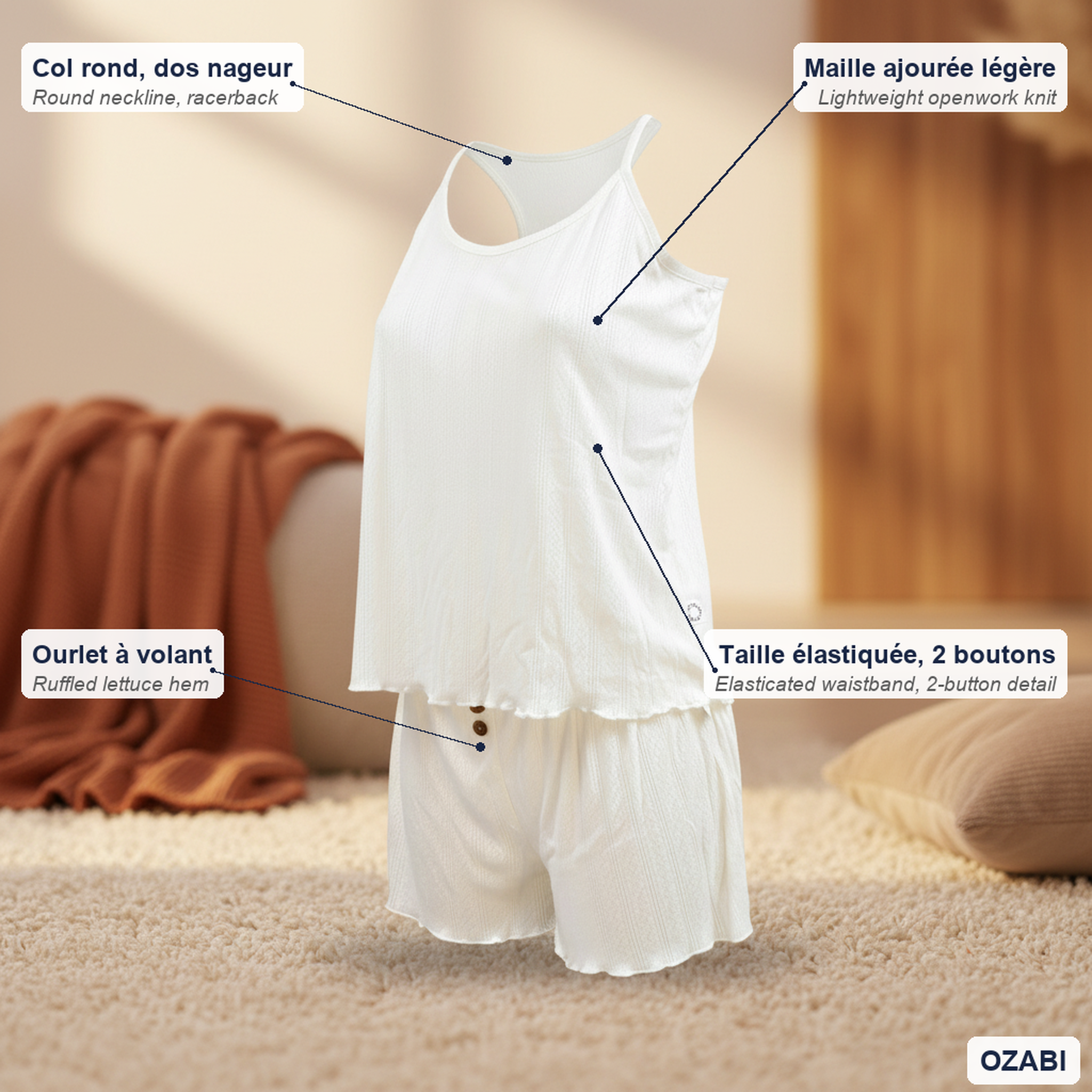 Voir la diapositive 5 : OZABI Infinitif paris ensemble pyjama short femme débardeur et short maille douce
