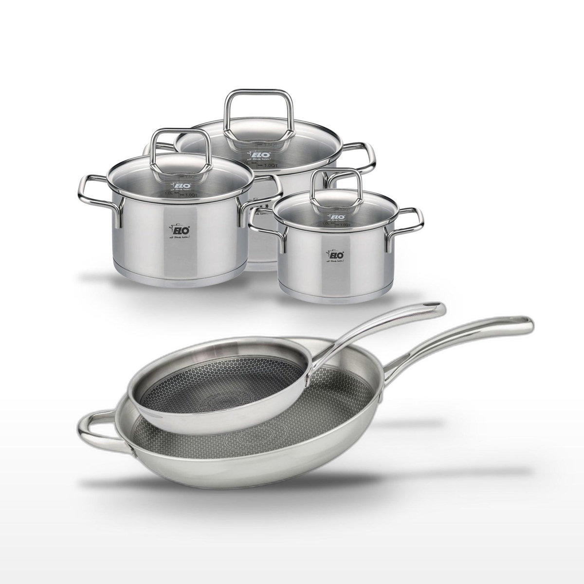 ELO Lot Poêles 32cm & 28cm Elo Relief Evolution et 3 Faitouts Elo Citrin