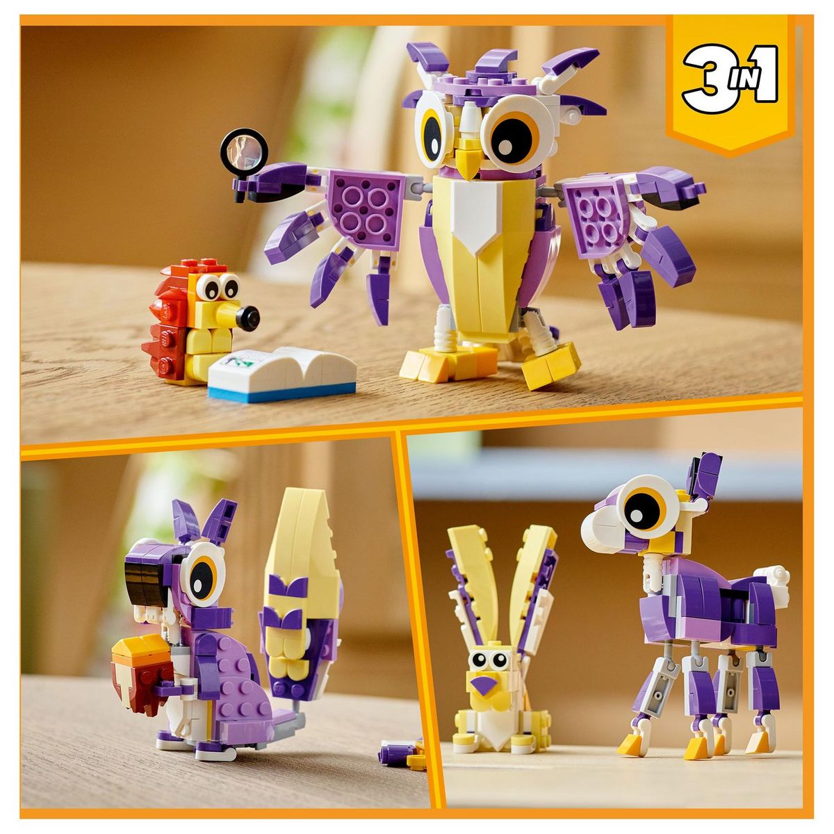 LEGO Creator 31125 Fabuleuses Créatures de la Forêt, Jouet 3 en 1 Hibou Hérisson Lapin
