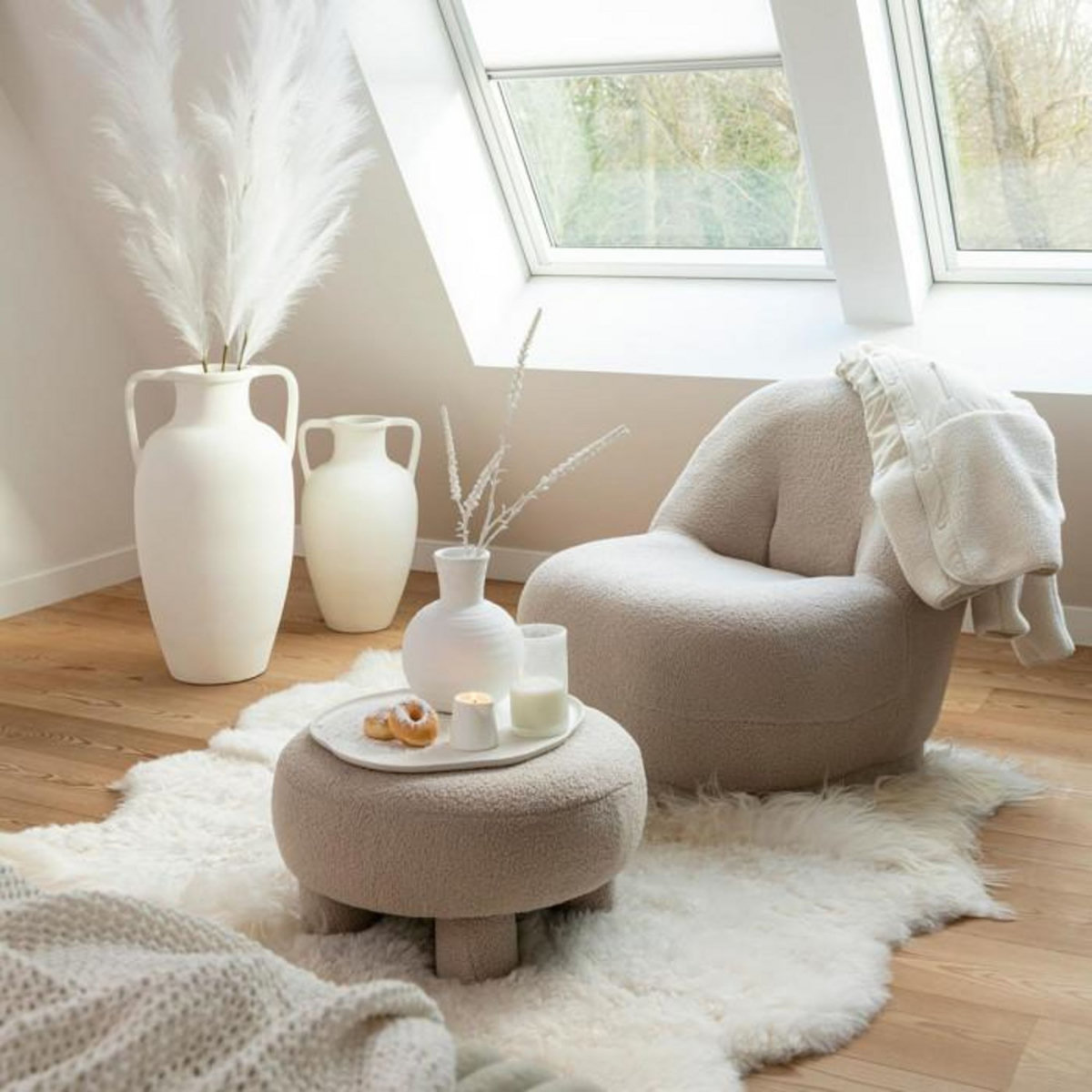 Paris Prix Pouf Rond Bouclette  Teddy  52cm Beige