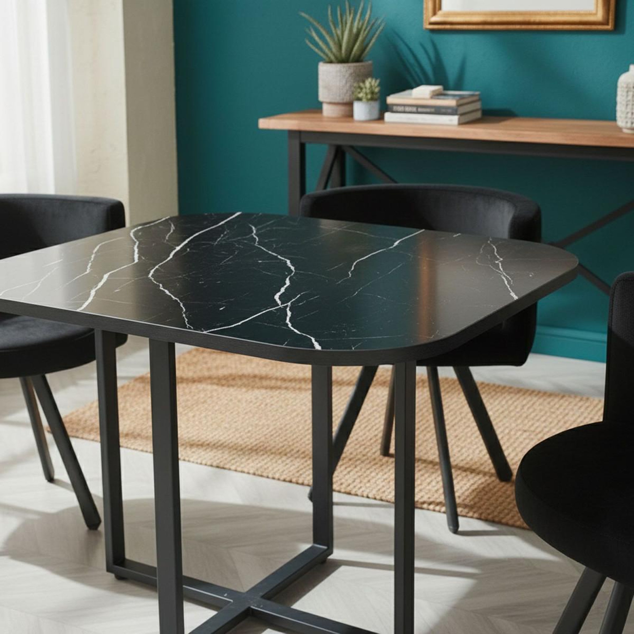 Voir la diapositive 4 : Paris Prix Ensemble table à manger & 4 chaises en velours  norway  90cm noir
