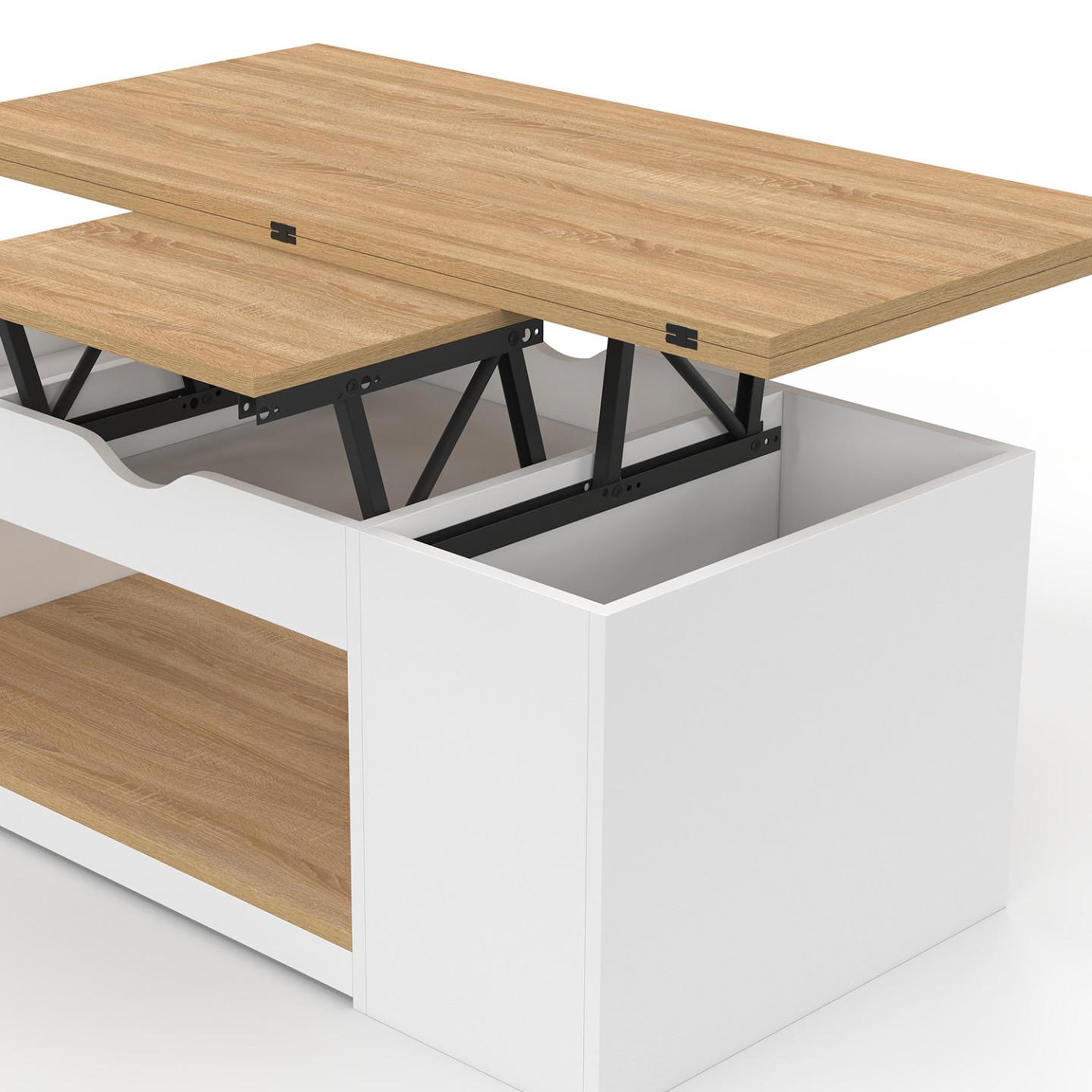 Voir la diapositive 6 : ID MARKET Table basse plateau relevable rectangulaire convertible en table à manger elea 100 cm bois blanc et façon hêtre