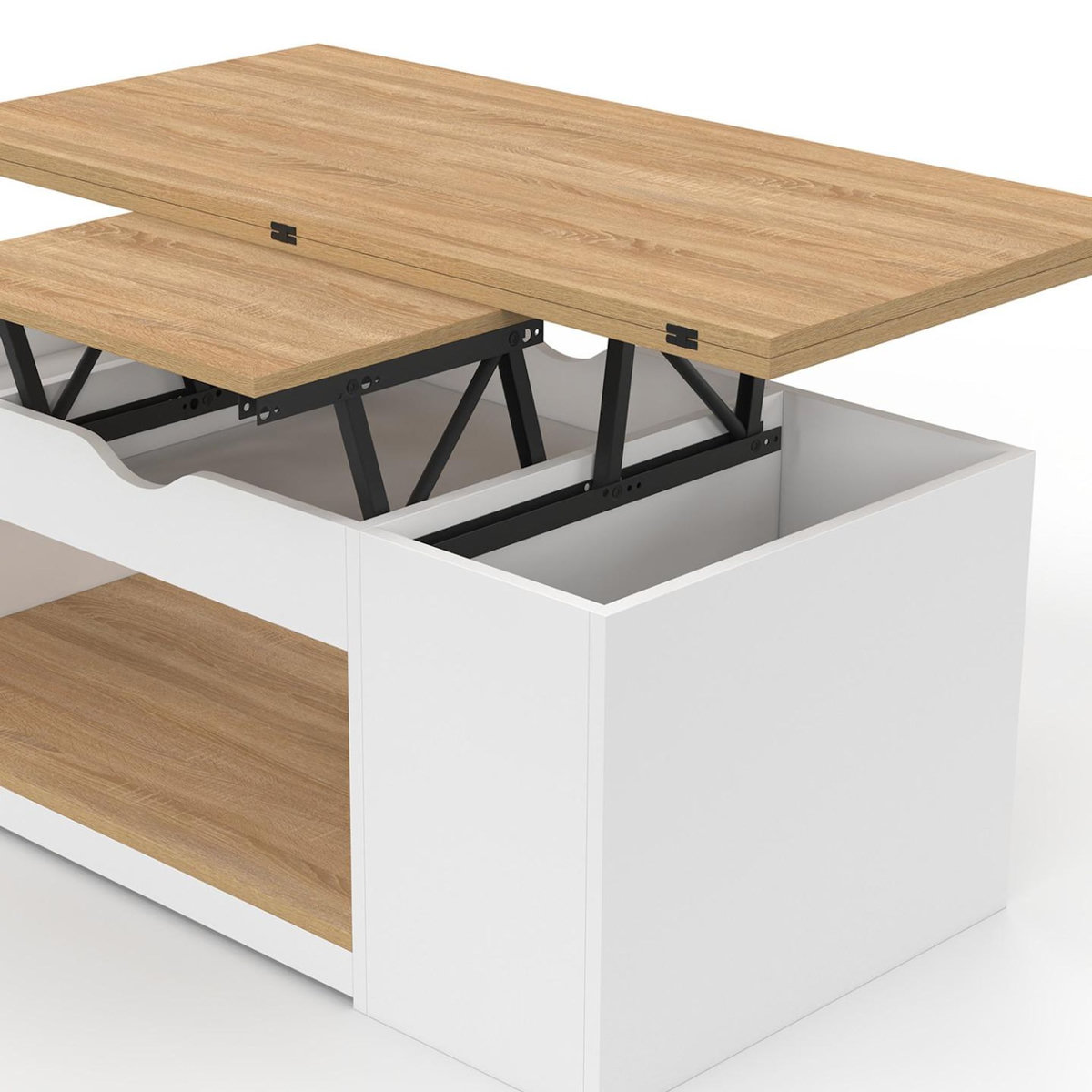 ID MARKET Table basse plateau relevable rectangulaire convertible en table à manger ELEA 100 cm bois blanc et façon hêtre