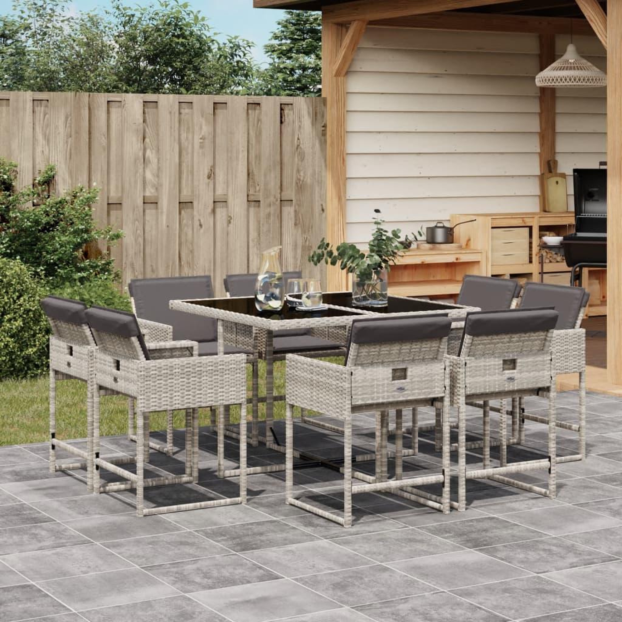 VIDAXL Ensemble a manger de jardin et coussins 9 pcs gris clair rotin