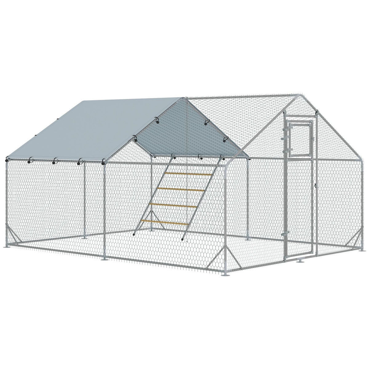 PAWHUT Enclos poulailler 12 m² espace couvert - perchoir, mangeoire à suspendre, porte, bâche - 4 x 3 x 1,95 m - acier gris
