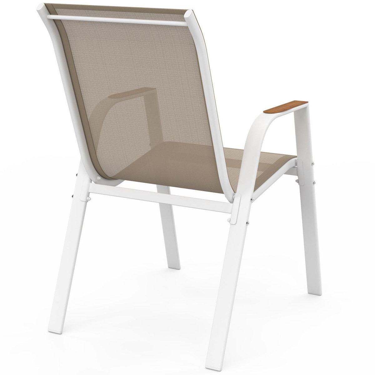 ID MARKET Lot de 4 chaises de jardin NOUMEA métal et textilène empilables blanc et bois
