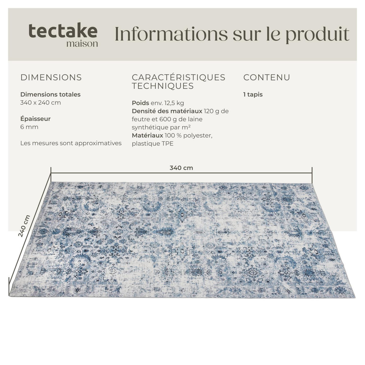 tectake Tapis vintage design à poils courts en laine synthétique et feutre bleu 240 x 340 cm