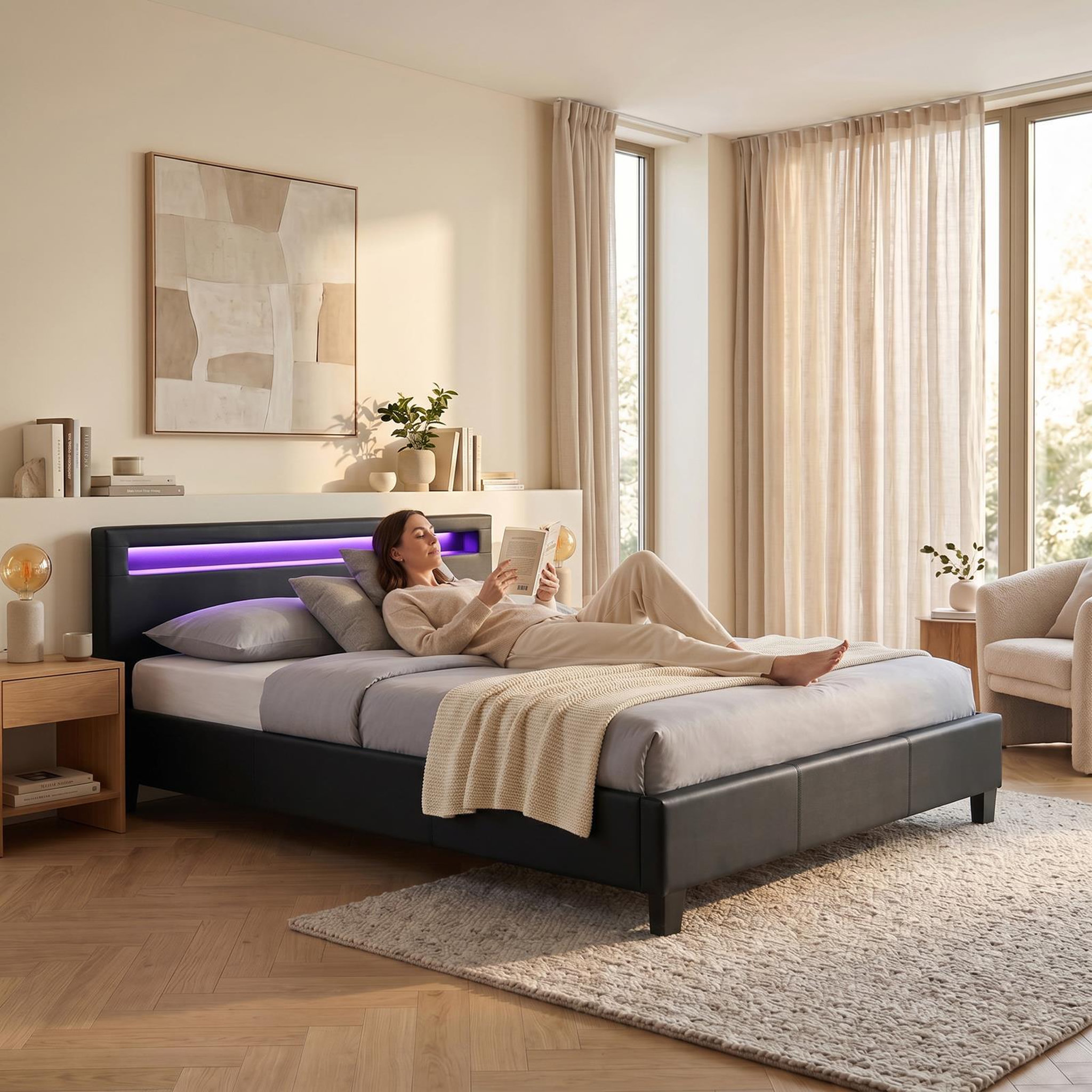 Voir la diapositive 2 : IDIMEX Lit LED double PINOT 140x190 cm, avec sommier, revêtement synthétique