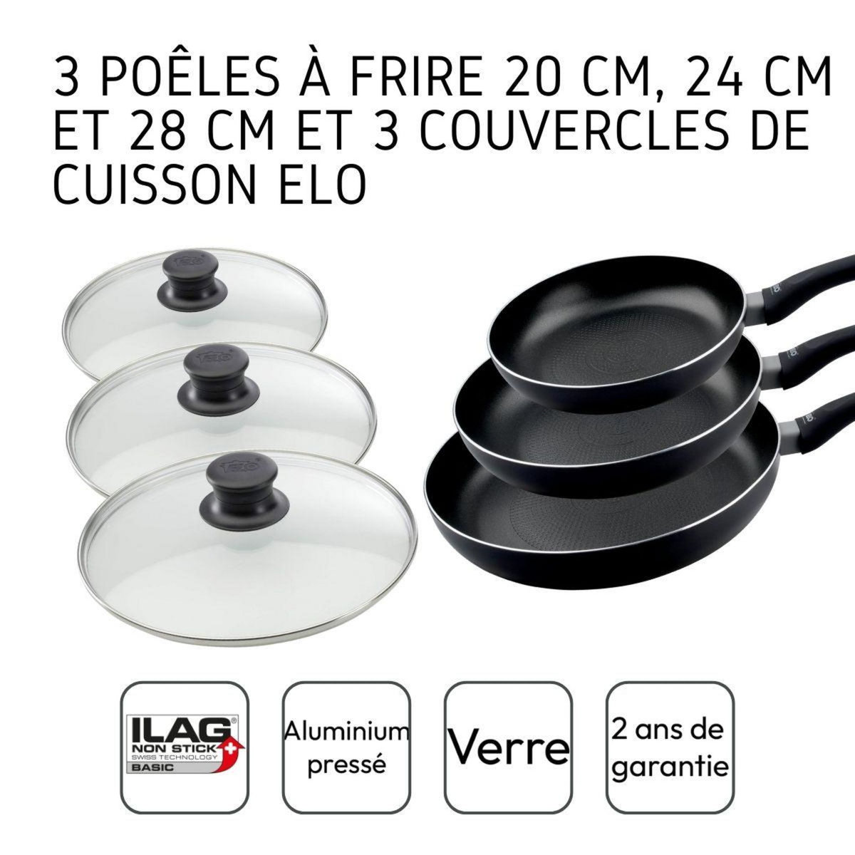 ELO Lot de 3 poêles à frire 20, 24 et 28 cm et 3 couvercles Elo Smart Life