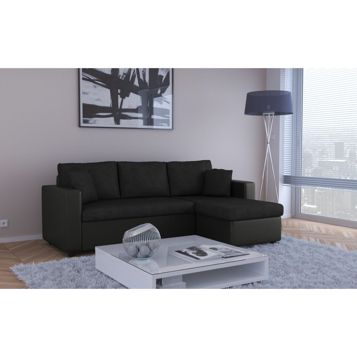  Canapé d'angle 3 places réversible et convertible MATHILDE coloris noir 