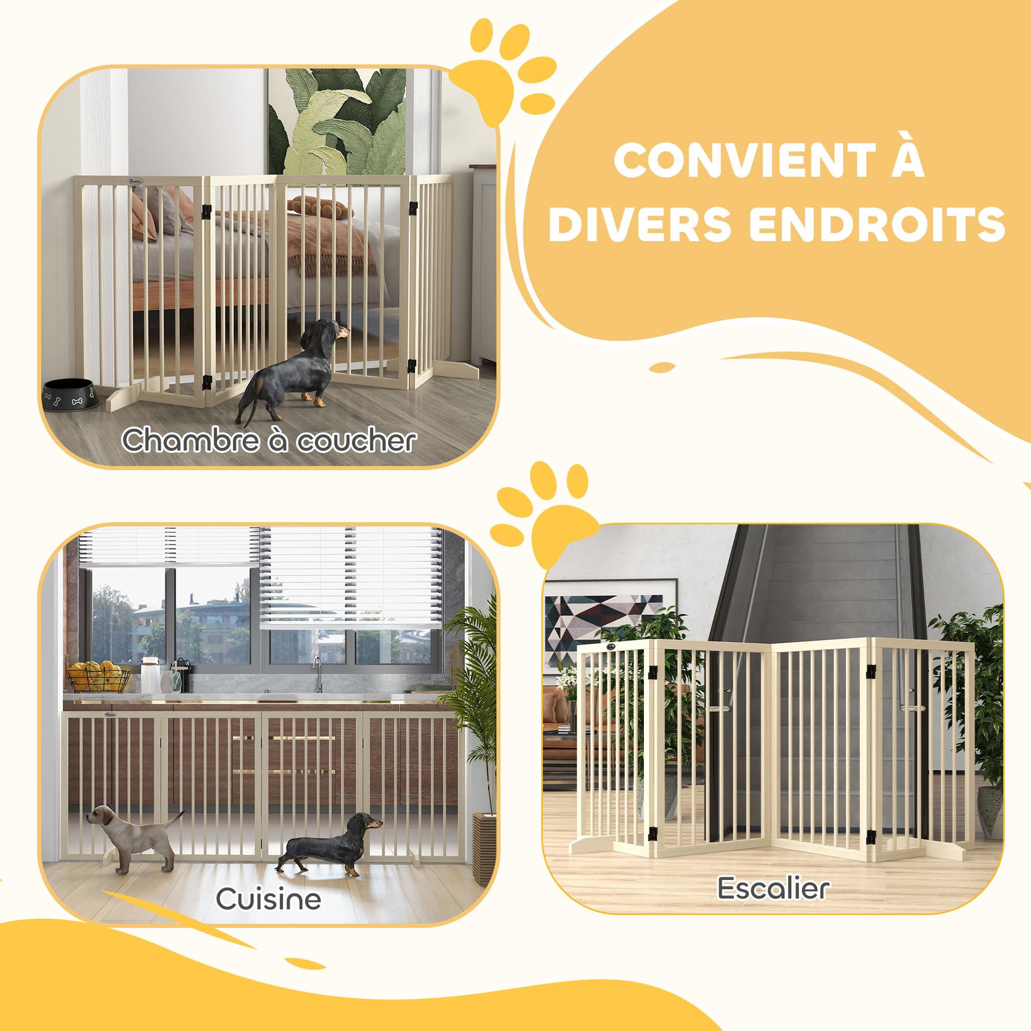 Voir la diapositive 4 : PAWHUT Barrière de sécurité chien 4 panneaux modulable autoportante dim. Max. 206l x 35l x 76h cm bois clair