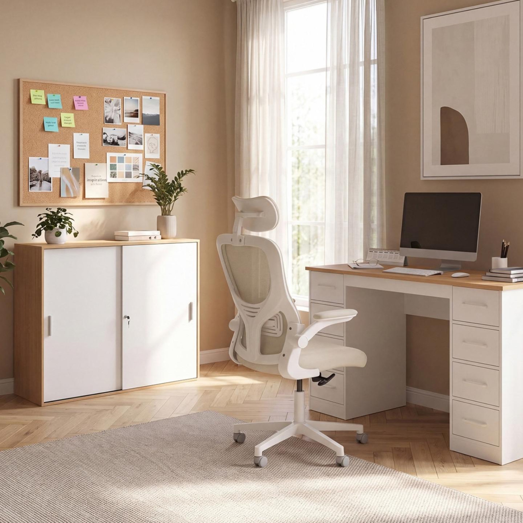Voir la diapositive 6 : ID MARKET Armoire basse de bureau 2 portes coulissantes verrouillables MARIA façon hêtre et blanc