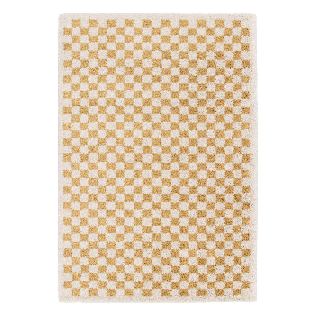 SWEEEK Tapis intérieur shaggy poils longs damier jaune moutarde et crème