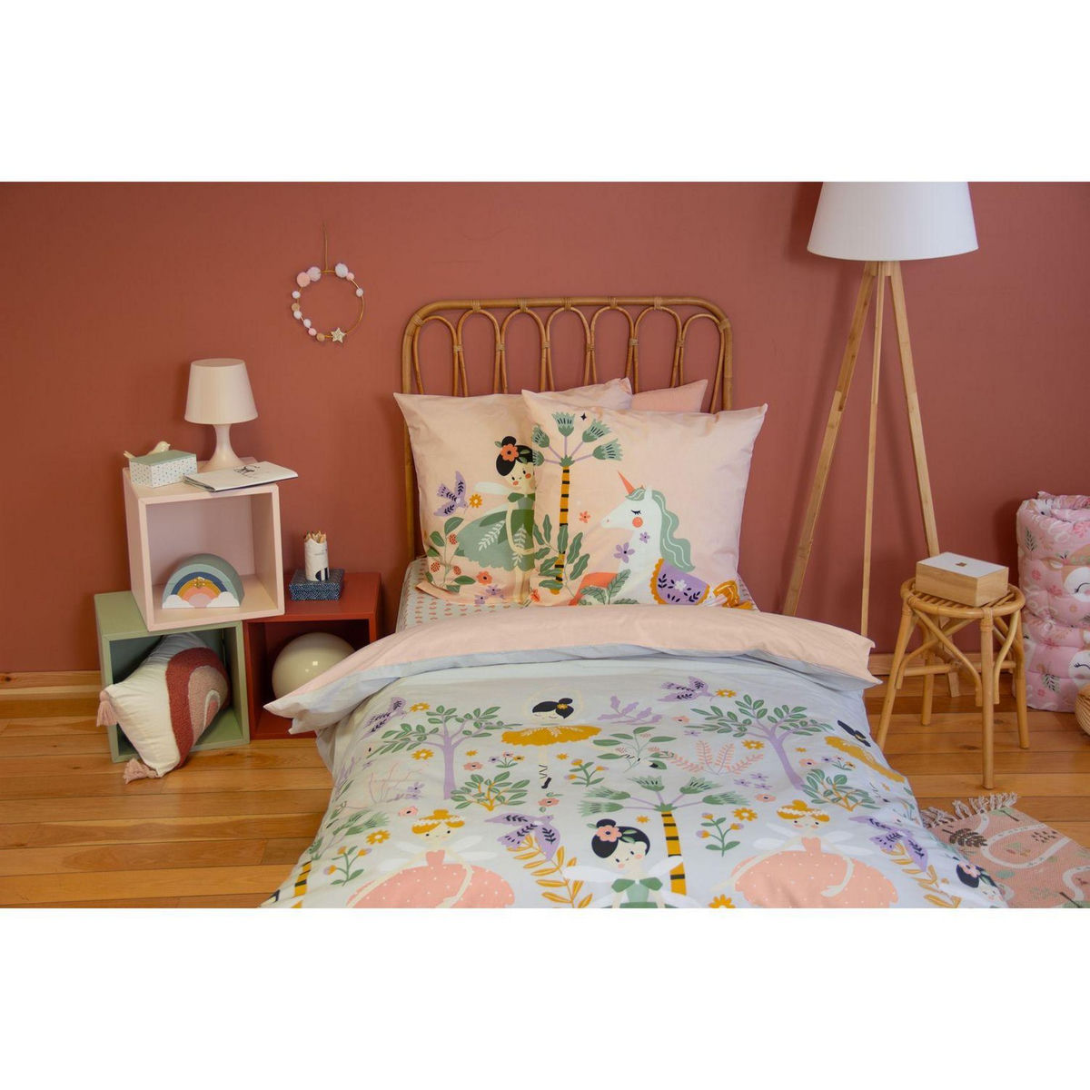 COTE DECO Parure de lit enfant réversible Licorne/danseuse - 100% coton 57 fils/cm² - 140 x 200 cm