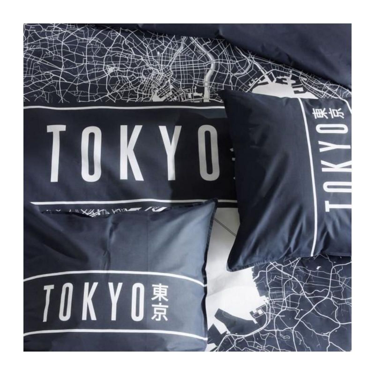 Today Parure de lit - TODAY - JAVA - 2 personnes - 240x220 cm - Coton - Imprimé Tokyo - Bleu foncé