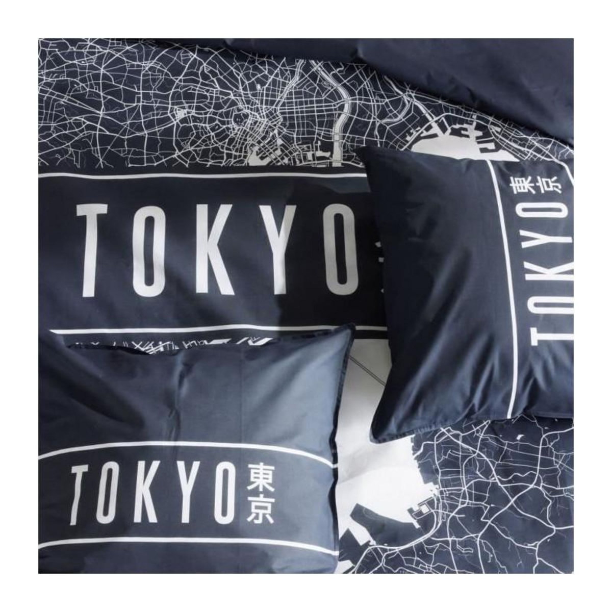 Today Parure de lit - TODAY - JAVA - 2 personnes - 240x220 cm - Coton - Imprimé Tokyo - Bleu foncé