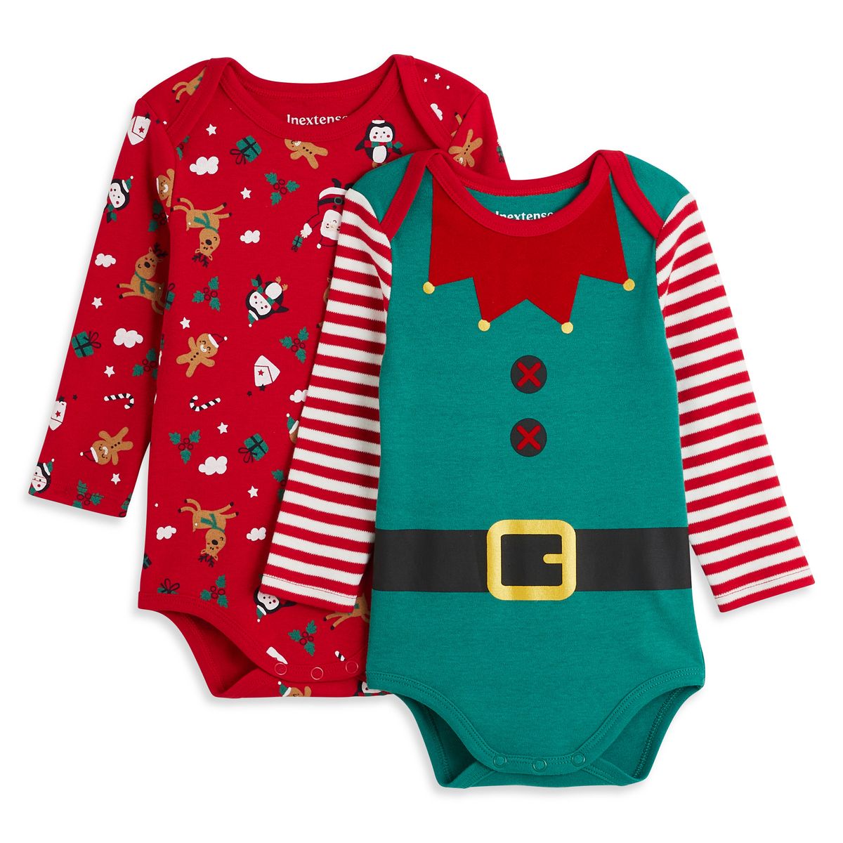 INEXTENSO Lot de 2 bodies Noël manches longues lutin bébé 