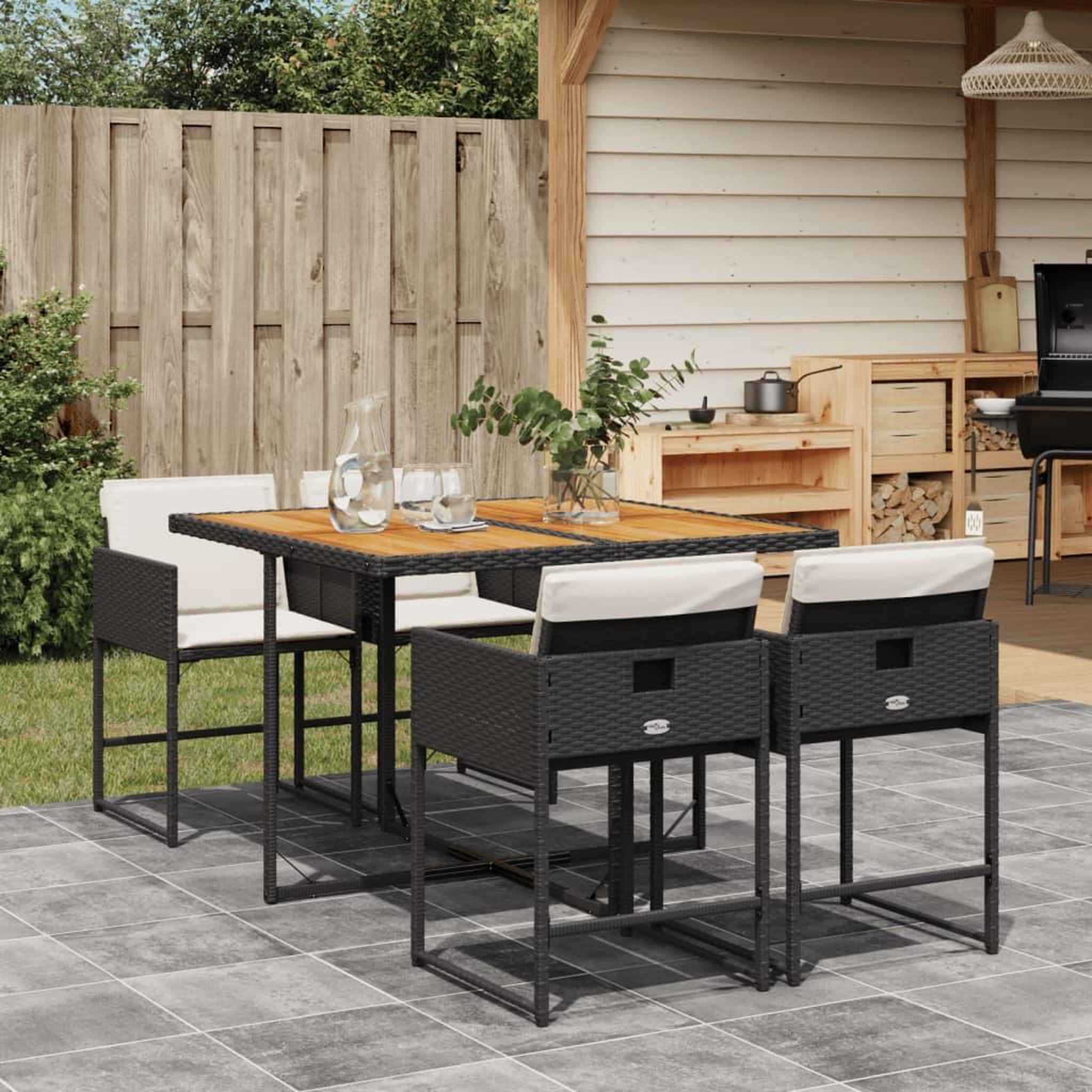 VIDAXL Ensemble a manger de jardin coussins 5pcs Noir Resine tressee