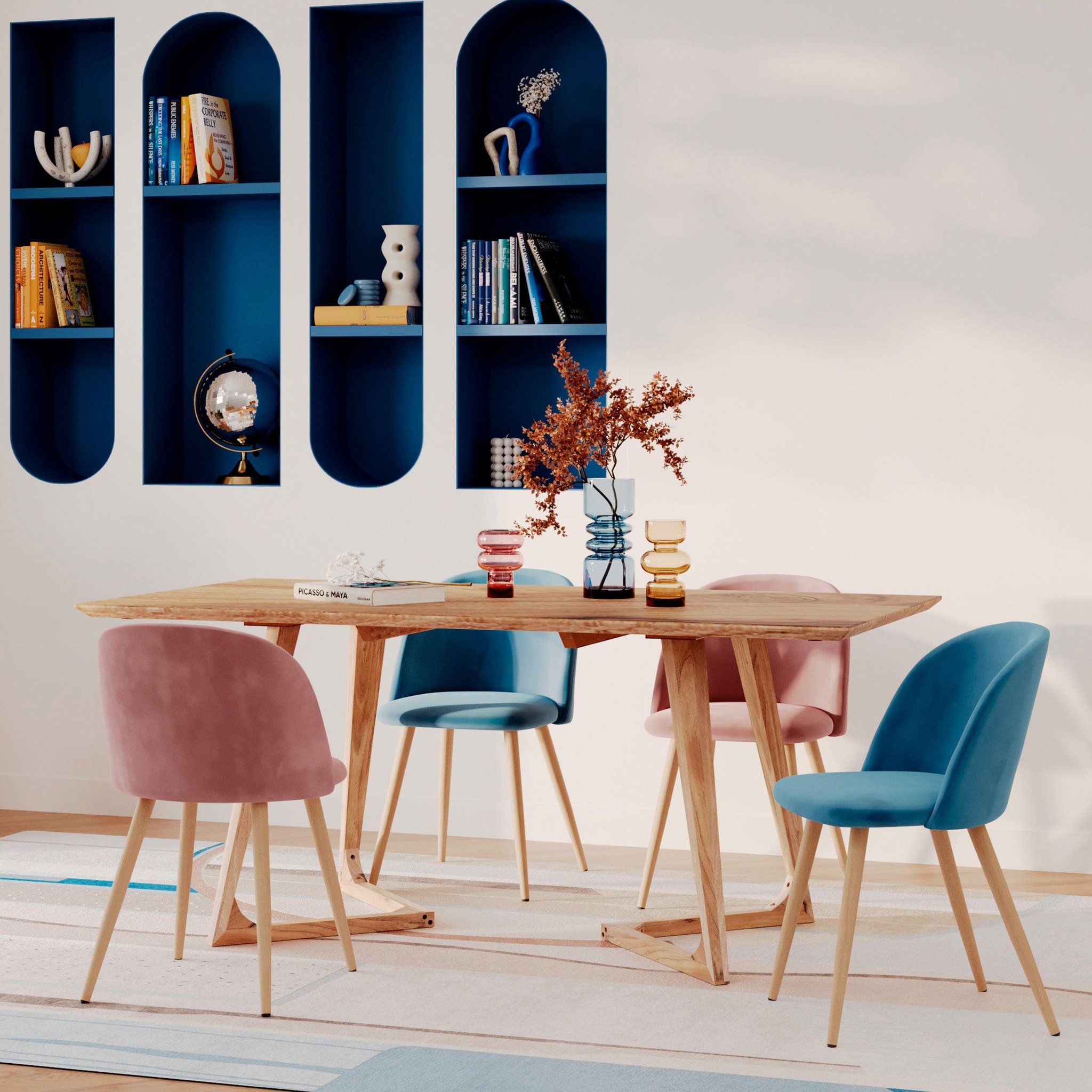 Voir la diapositive 5 : MAISON PAVANE Pack 4 chaises en velours bleu et rose-cozy