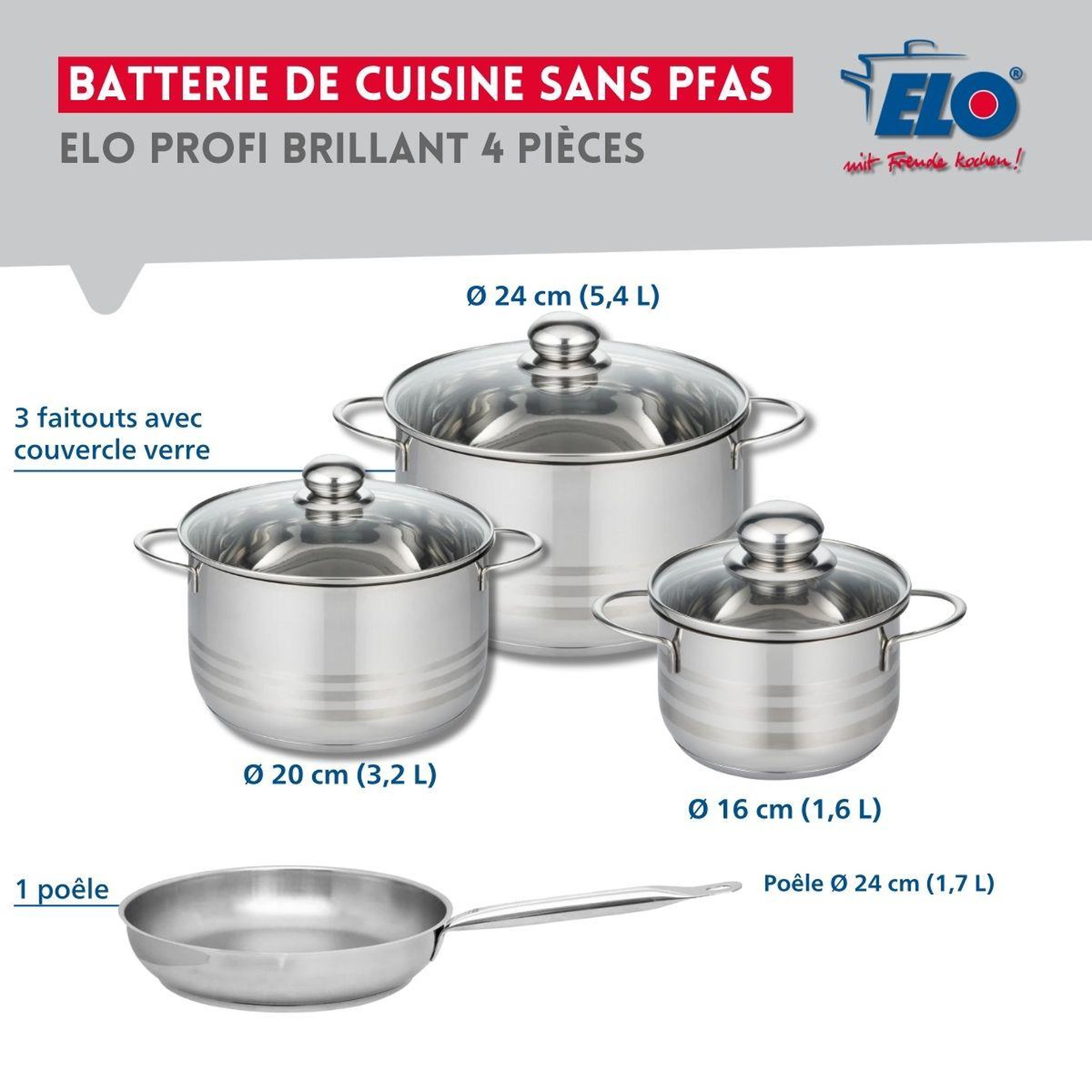 Voir la diapositive 2 : ELO Ensemble de 1 poêle de cuisson 24 cm et 3 faitouts 16, 20 et 24 cm elo profi brillant