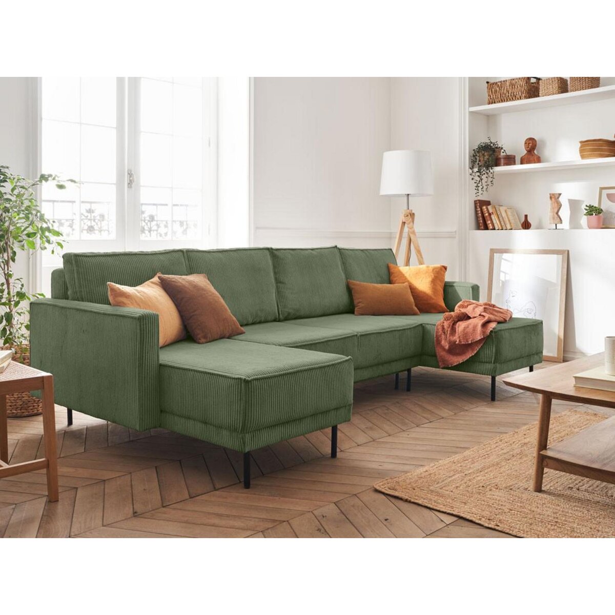 LISA DESIGN Charlie - canapé panoramique en u - 7 places - convertible avec coffre - en velours côtelé