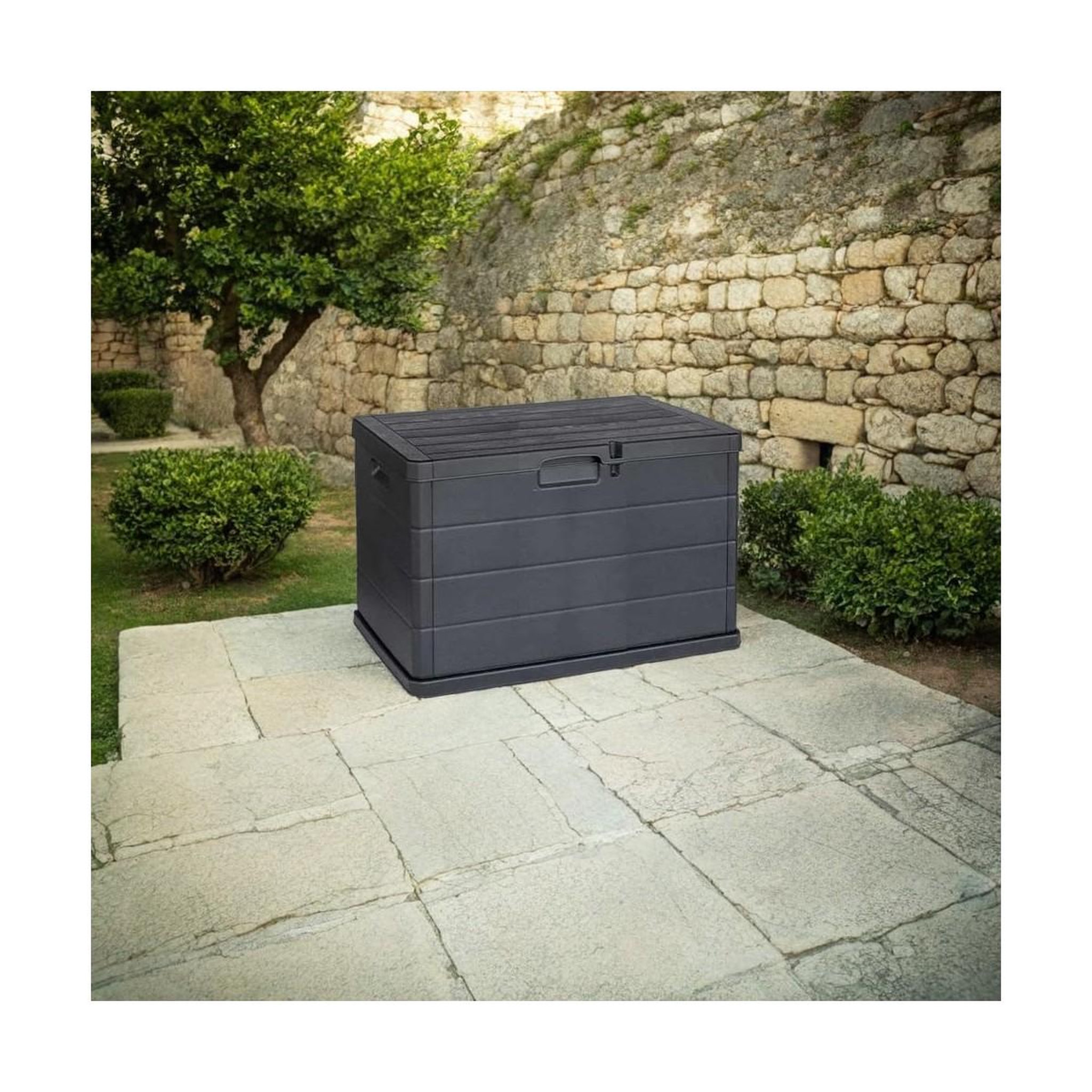 Voir la diapositive 3 : IPAE-PROGARDEN Coffre de rangement extérieur 170l - coffre de jardin anthracite dimensions 78l x 55l x 52h cm - résine - poignées de transport