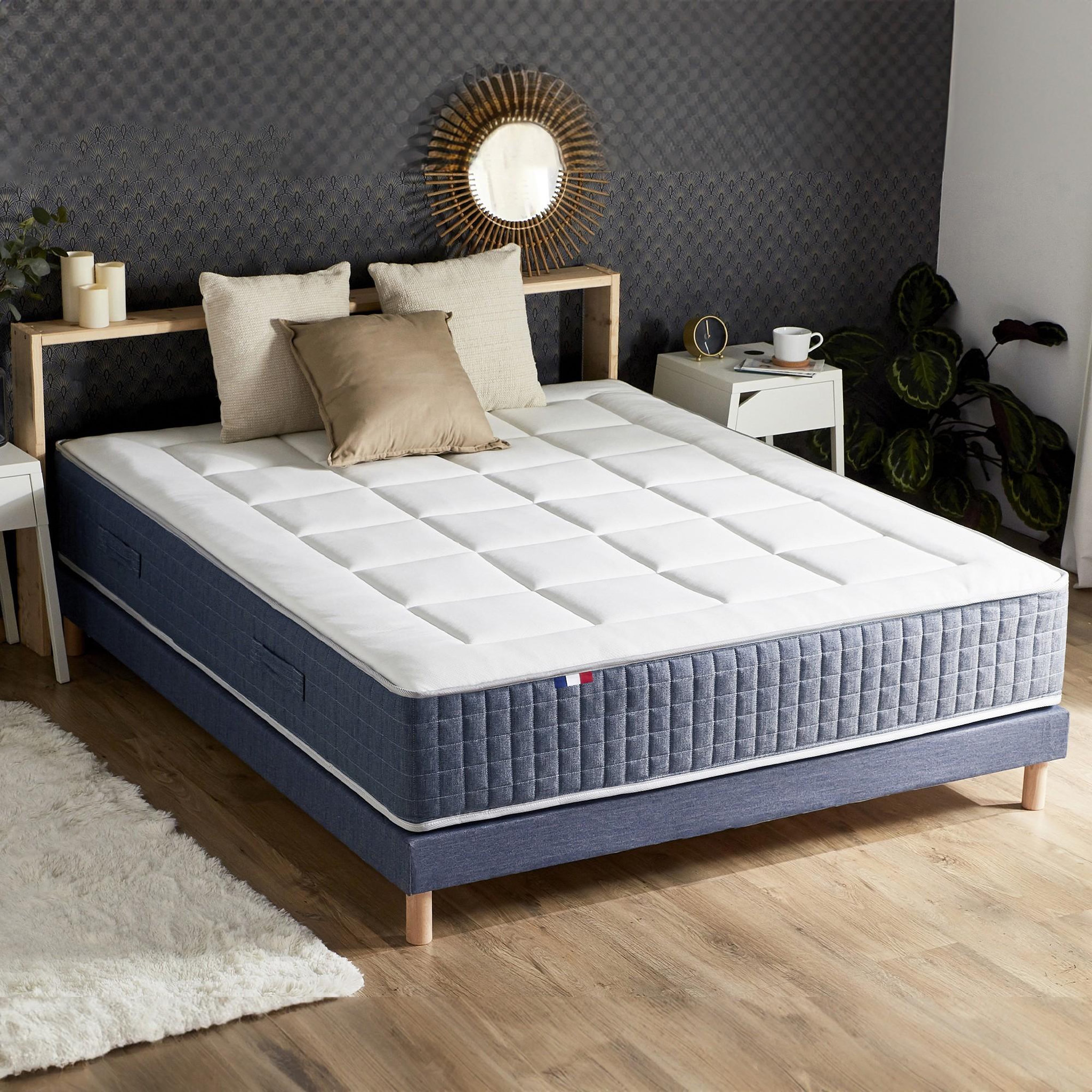 IDLITERIE Ensemble matelas hybride 7 zones + mémoire de forme + sommier king style + couette + oreillers fabriqué en france 160 x 200