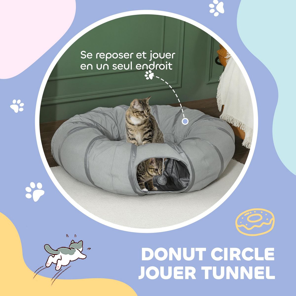 PAWHUT Tunnel pour chat intérieur - fonction lit pliable avec coussin et jeu balle suspendue - gris